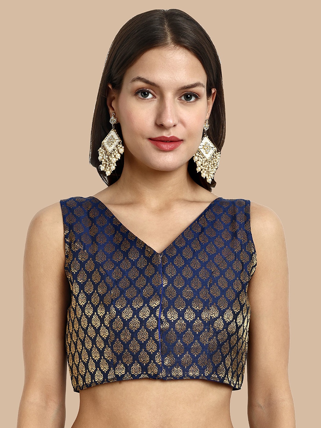 

Vardha Woven Design V-Neck Sleeveless Brocade Saree Blouse, Blue