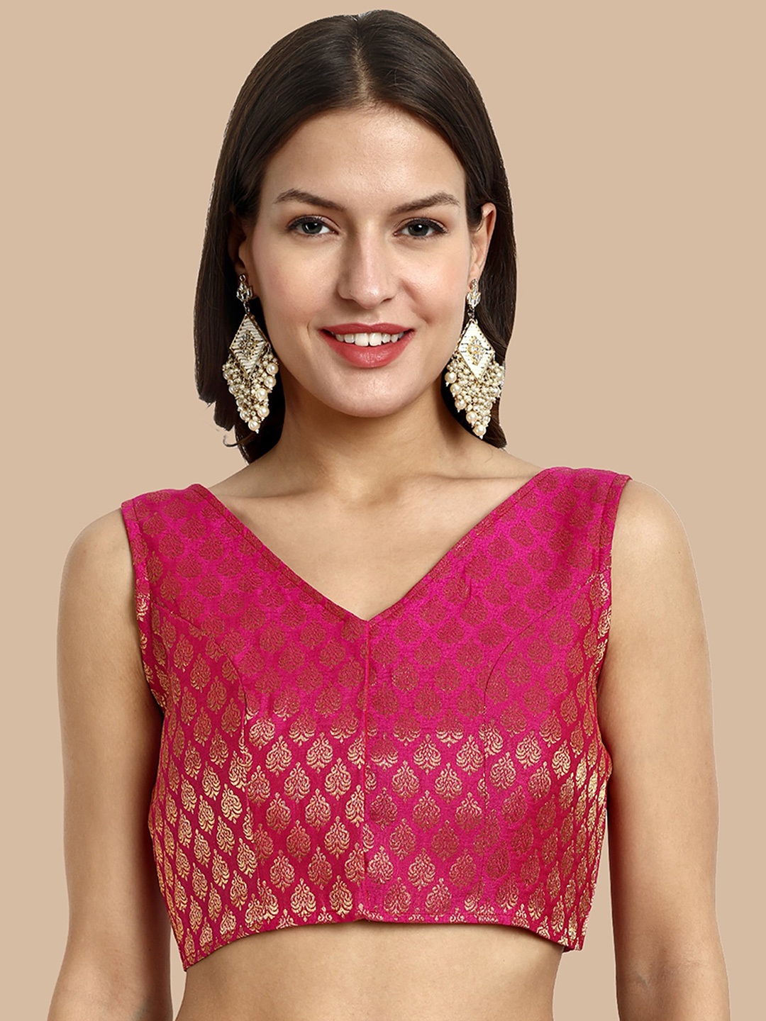 

Vardha Woven Design V-Neck Sleeveless Brocade Saree Blouse, Pink