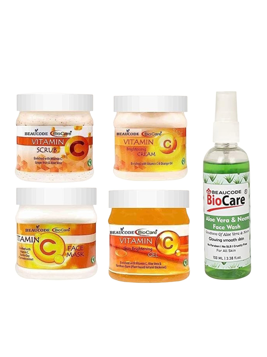 

BEAUCODE BIOCARE 5Pcs Vitamin C Facial Kit 250g Each With Aloe Vera & Neem Face Wash 100ml, Na