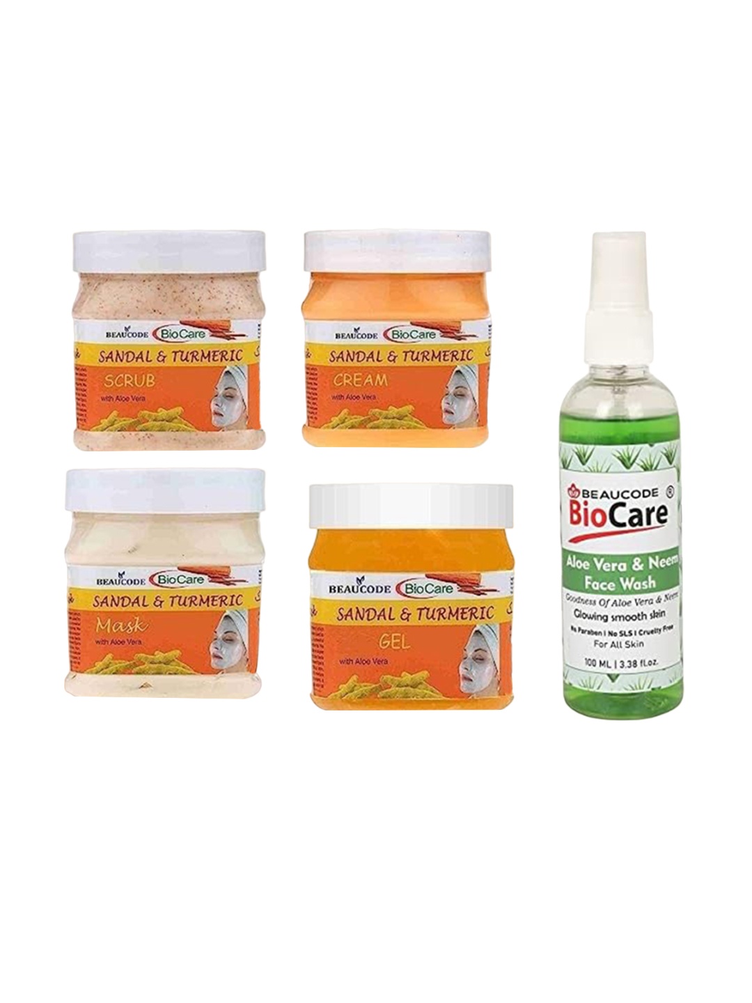 

BEAUCODE BIOCARE 5-Pcs Sandal Facial Kit 250g Each With Aloevera & Neem Face Wash 100ml, Na
