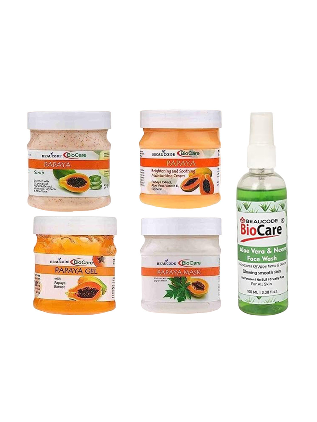 

BEAUCODE BIOCARE 5-Pcs Papaya Facial Kit 250g Each With Aloevera & Neem Face Wash 100ml, Na