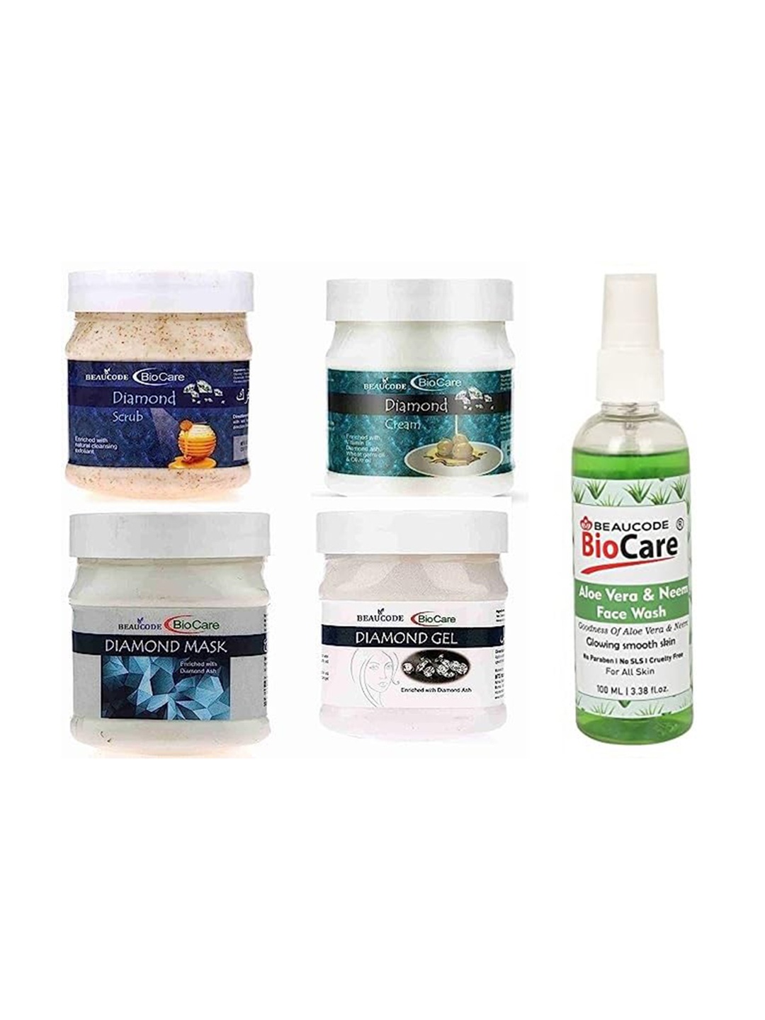 

BEAUCODE BIOCARE 5-Pcs Diamond Facial Kit 250g Each With Aloevera & Neem Face Wash 100ml, White