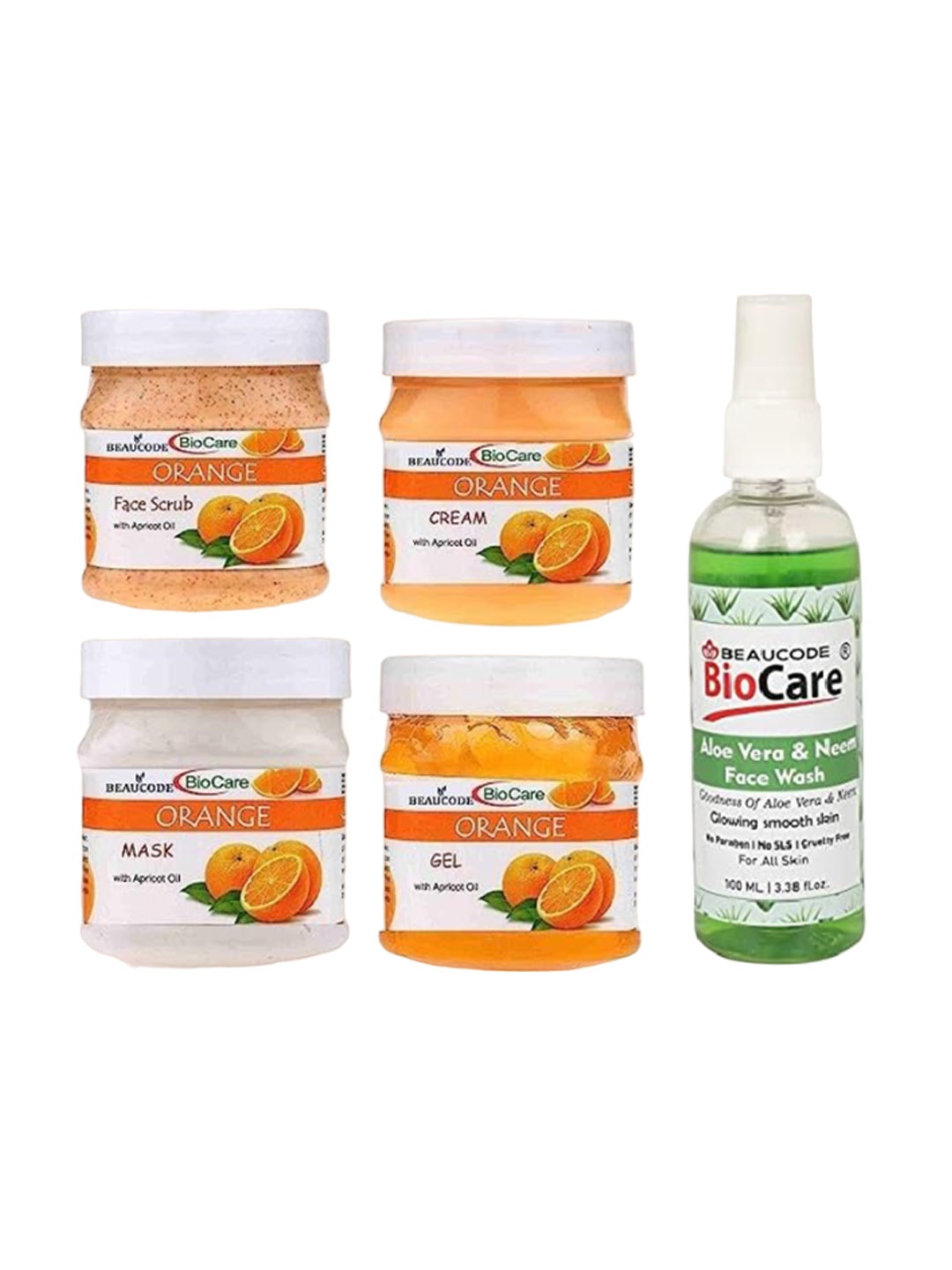 

BEAUCODE BIOCARE Set Of 5 Orange Cream-Mask-Gel-Scrub-Aloe Vera Neem Face Wash