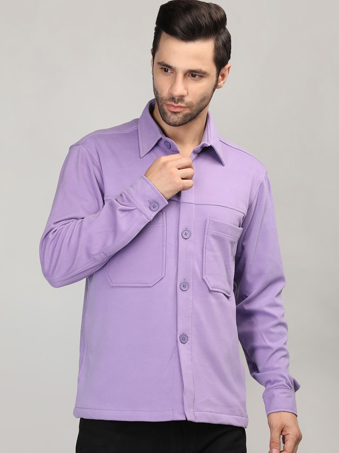 

Dlanxa Spread Collar Long Sleeve Pocket Regular Fit Casual Shirt, Lavender