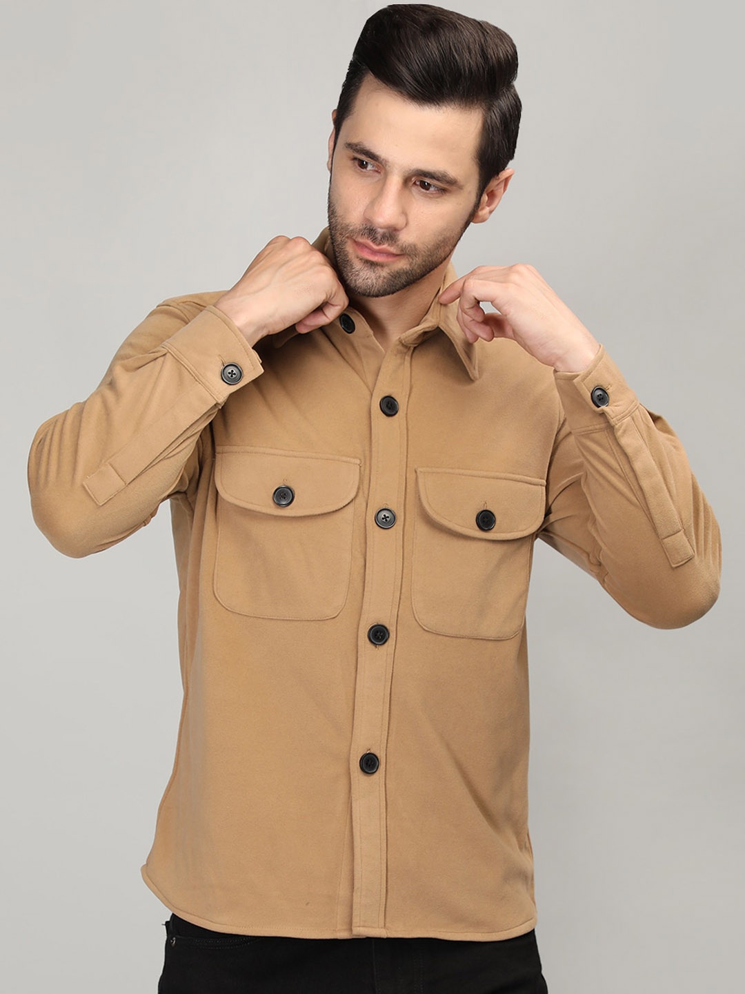 

DLANXA Spread Collar Casual Shirt, Camel brown