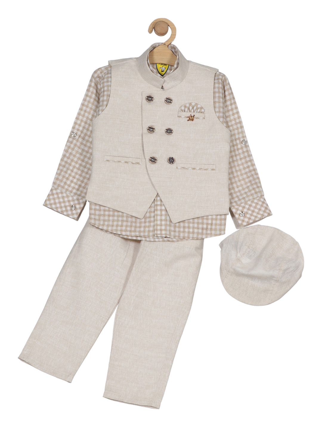 

Lil Lollipop Boys 4-Pcs Double-Breasted Waistcoat With Trouser & Shirt With Cap, Beige