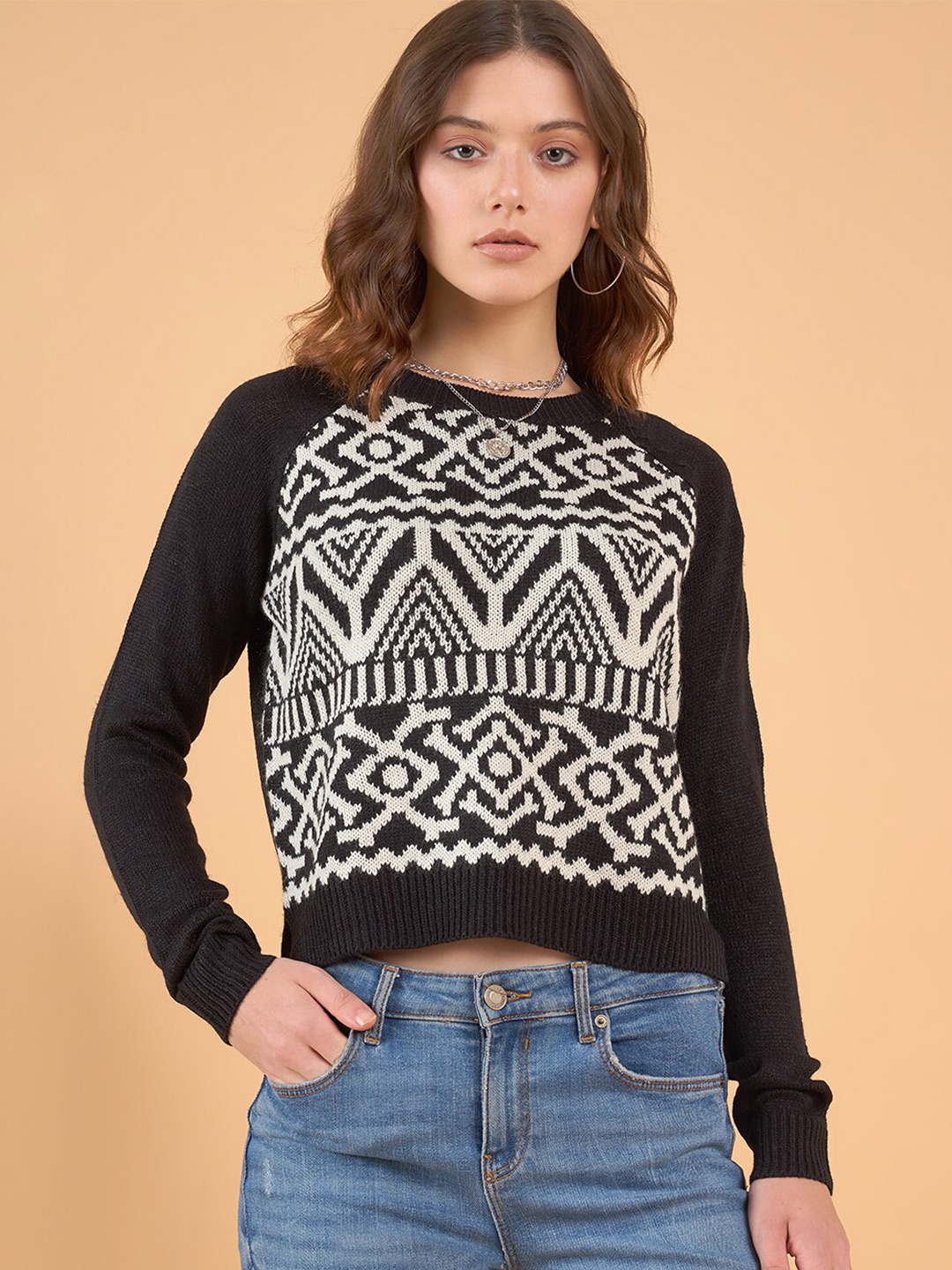 

STYLE BLUSH Geometric Self Design Acrylic Pullover, Black