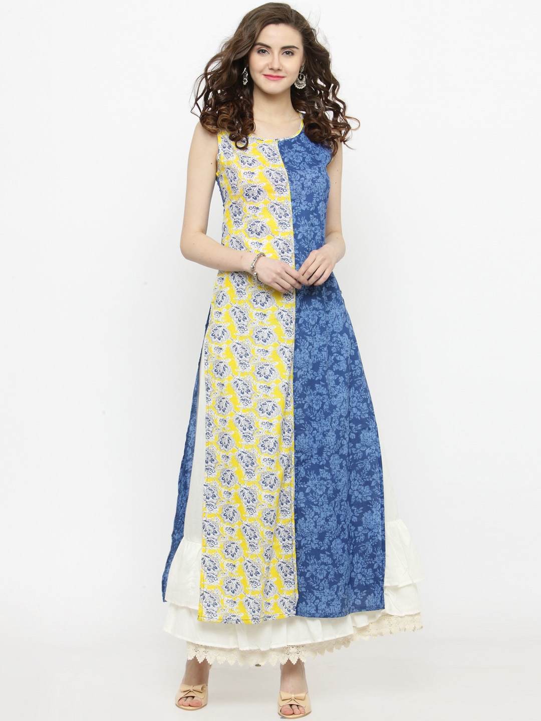 

Sera Women Blue & Yellow Printed A-Line Kurta