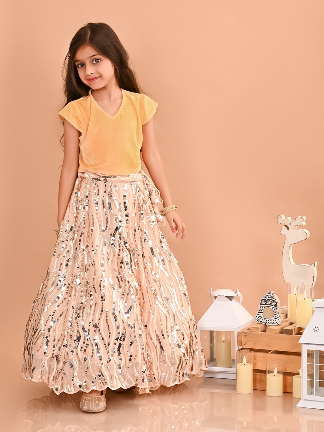 

LilPicks Girls V-Neck Sequinned Ready to Wear Lehenga, Beige