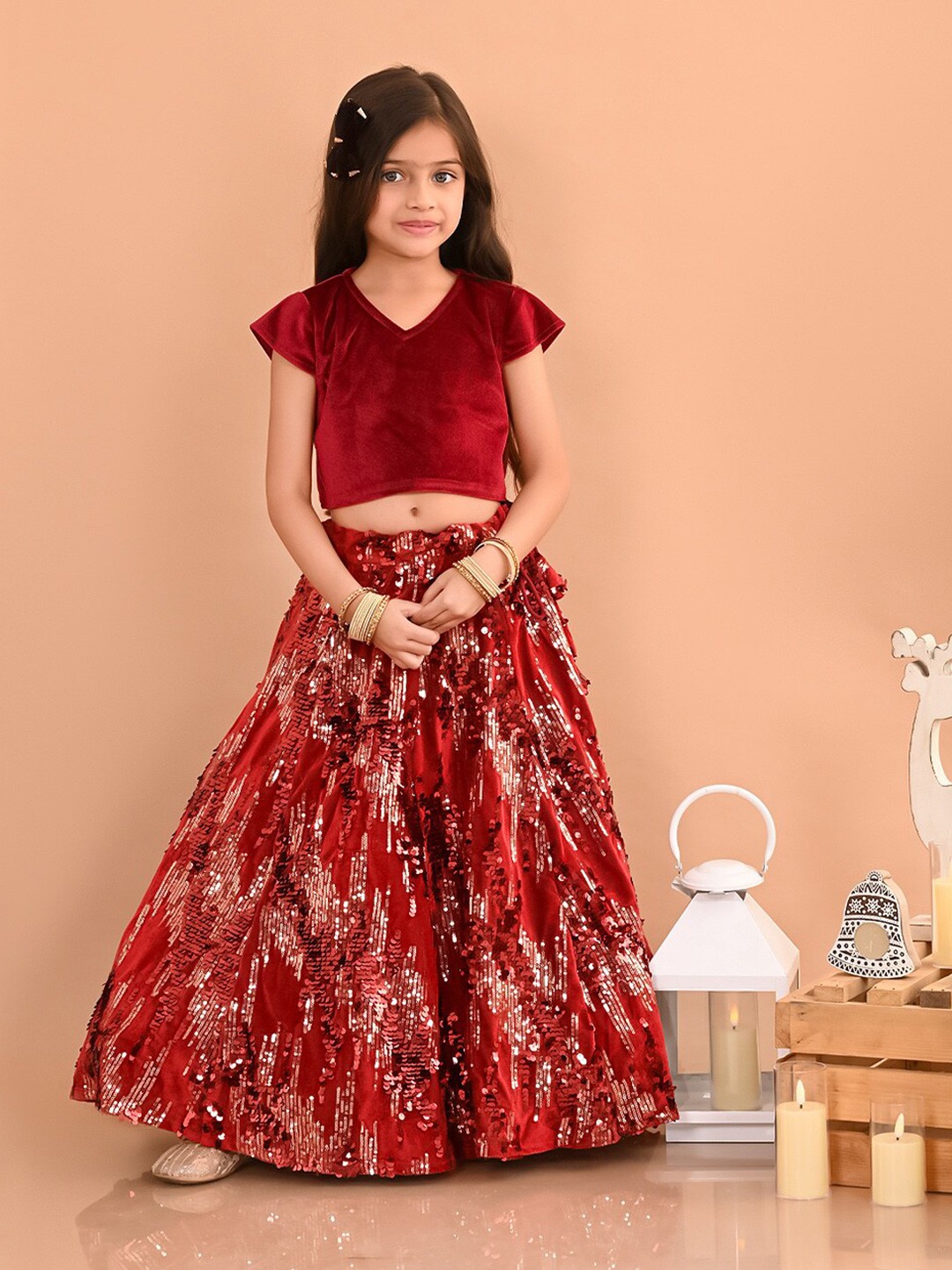 

LilPicks Girls Embellished Sequinned Velvet Ready to Wear Lehenga Set, Red
