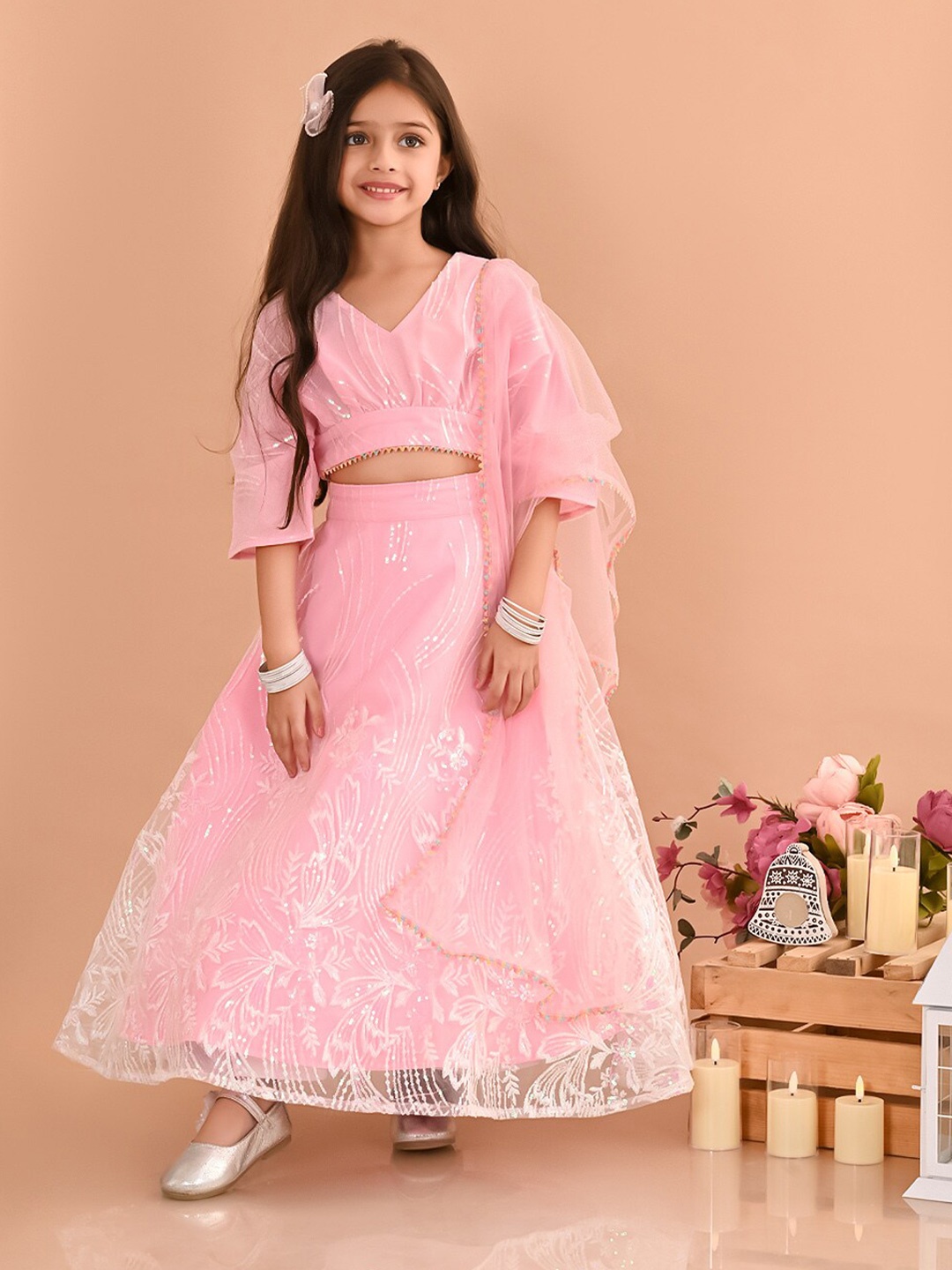 

LilPicks Girls Embellished Sequinned Ready to Wear Lehenga & Blouse With Dupatta, Pink
