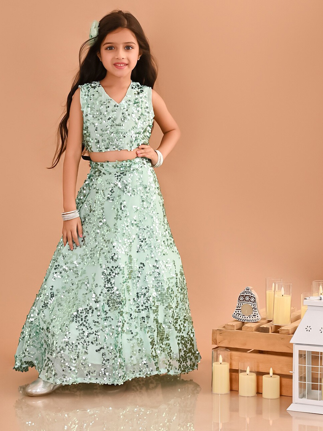 

LilPicks Girls Embellished Sequinned Ready to Wear Lehenga Set, Green