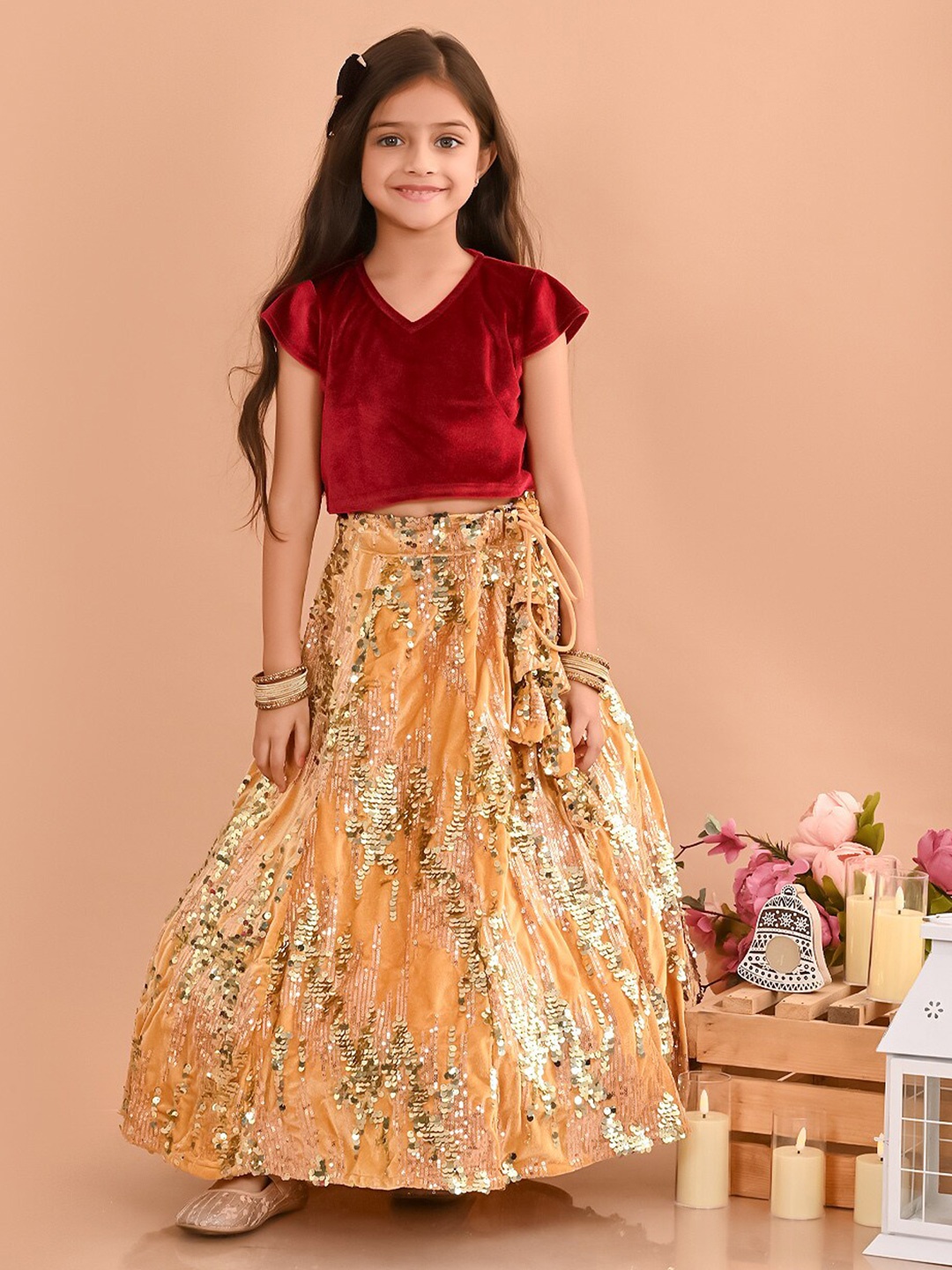 

LilPicks Girls Sequinned Ready to Wear Velvet Lehenga Set, Maroon