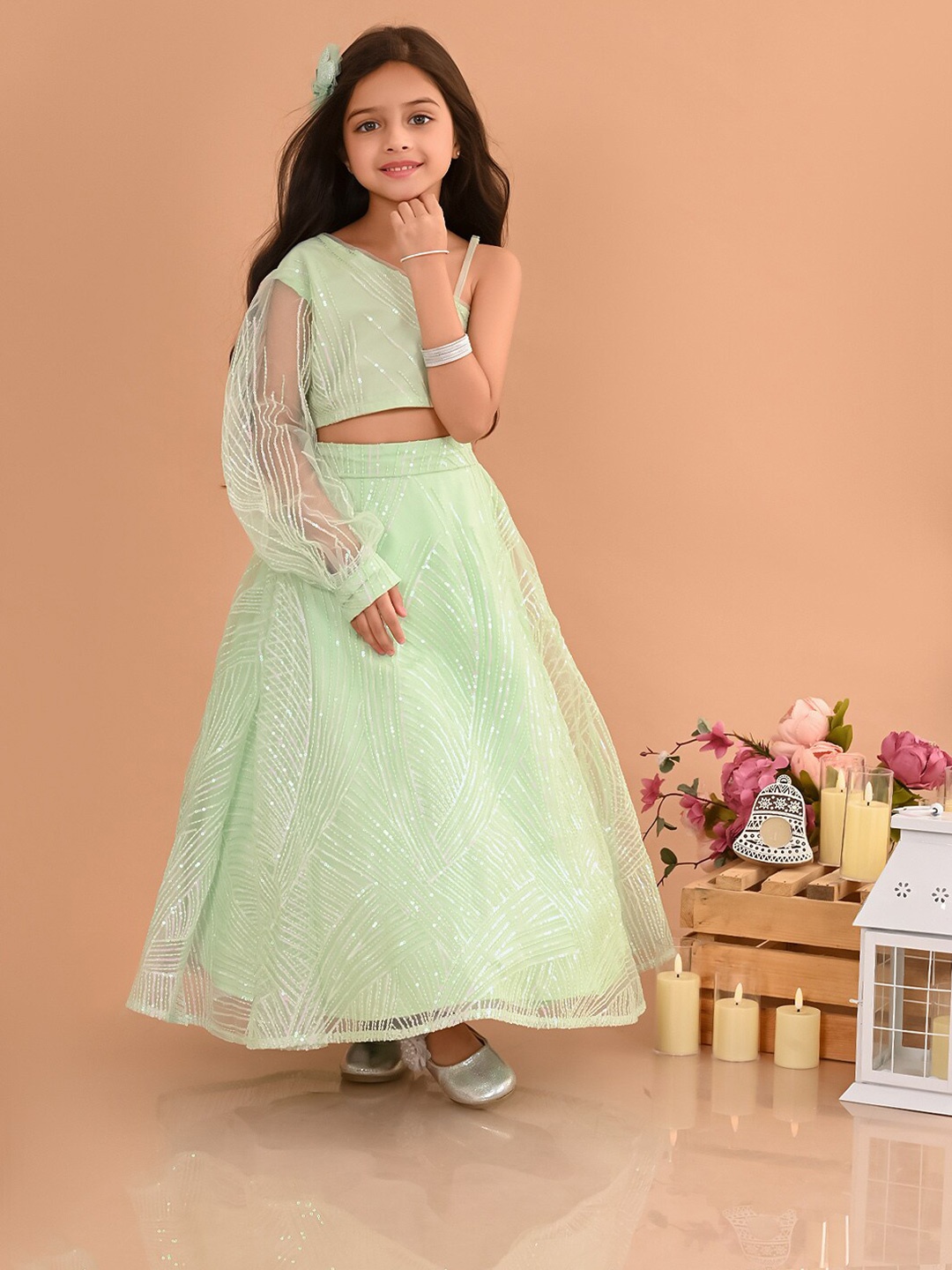 

LilPicks Girls Embellished Sequinned Ready to Wear Lehenga Choli Set, Green