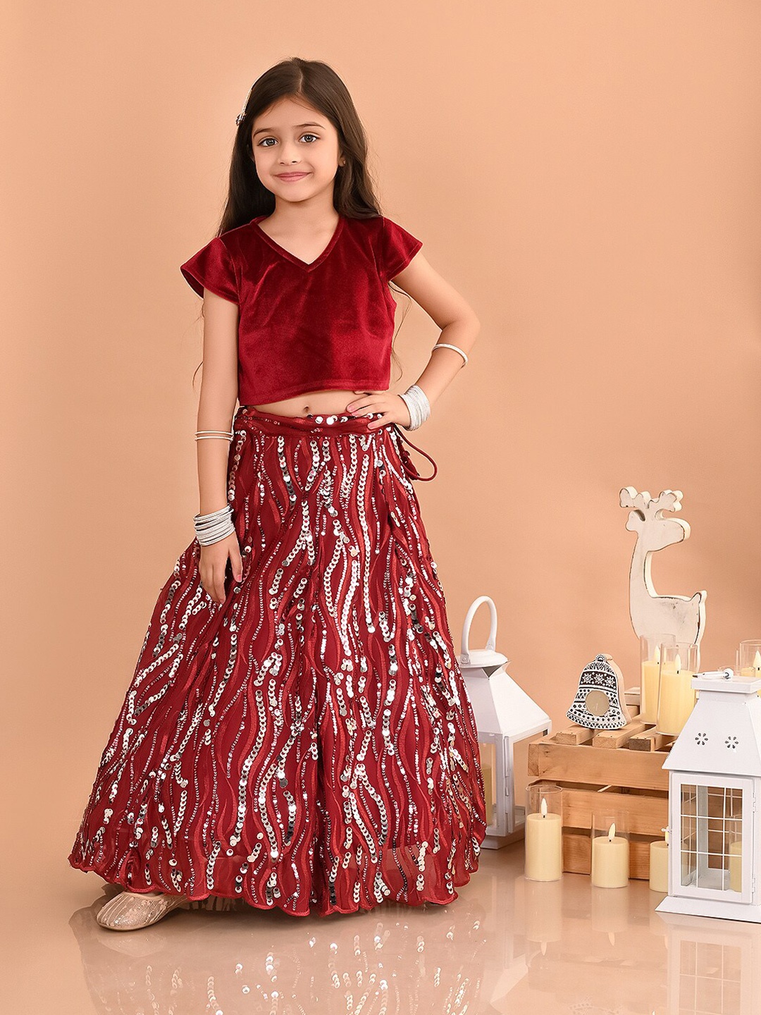

LilPicks Girls Embellished Sequinned Velvet Ready to Wear Lehenga Choli, Maroon