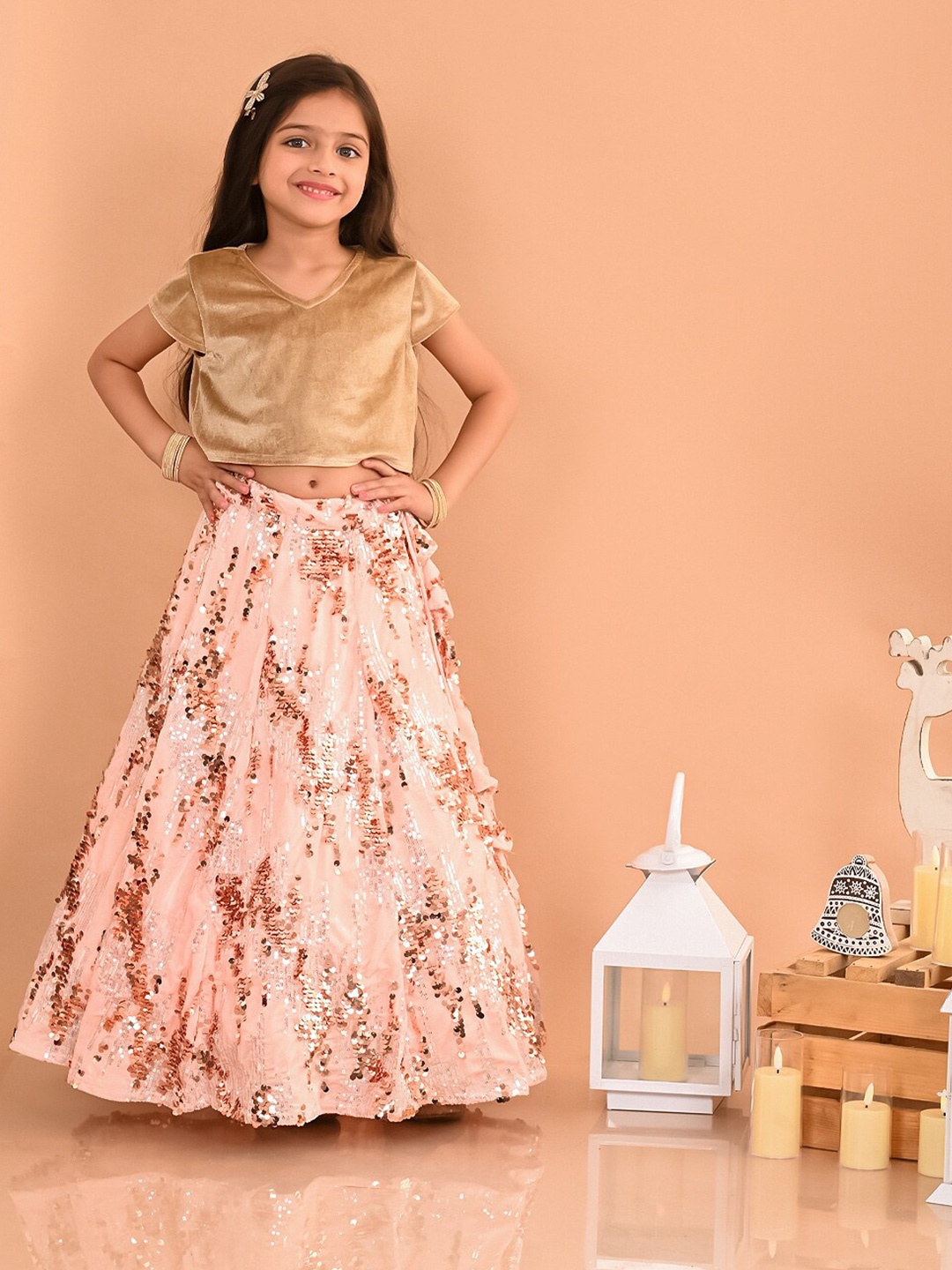 

LilPicks Girls Embellished Sequinned Velvet Ready to Wear Lehenga Choli, Gold