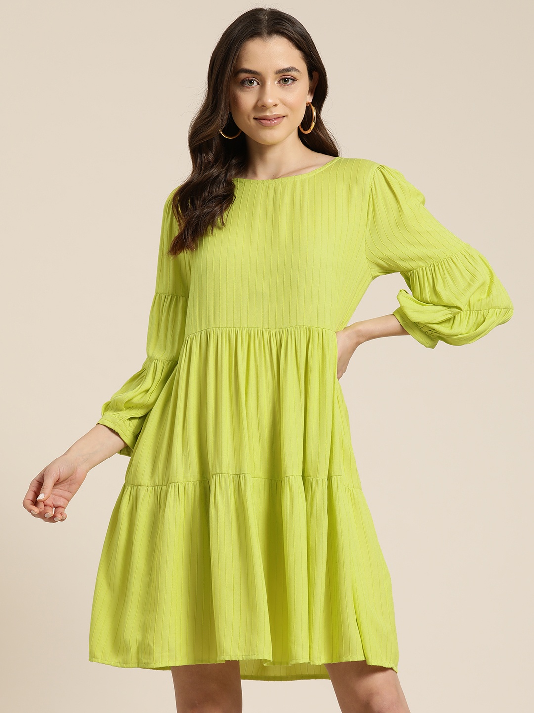 

HERE&NOW Striped Puff Sleeves Tiered A-Line Dress, Lime green