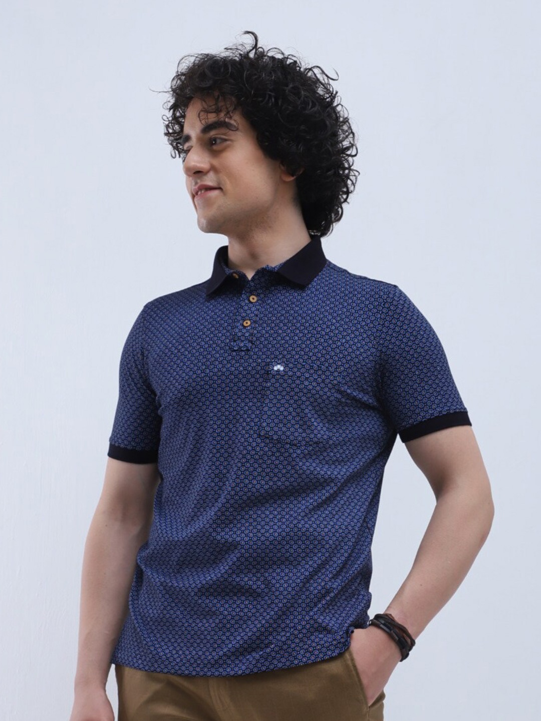 

Turtle Conversational Printed Polo Collar Slim Fit Cotton T-shirt, Navy blue