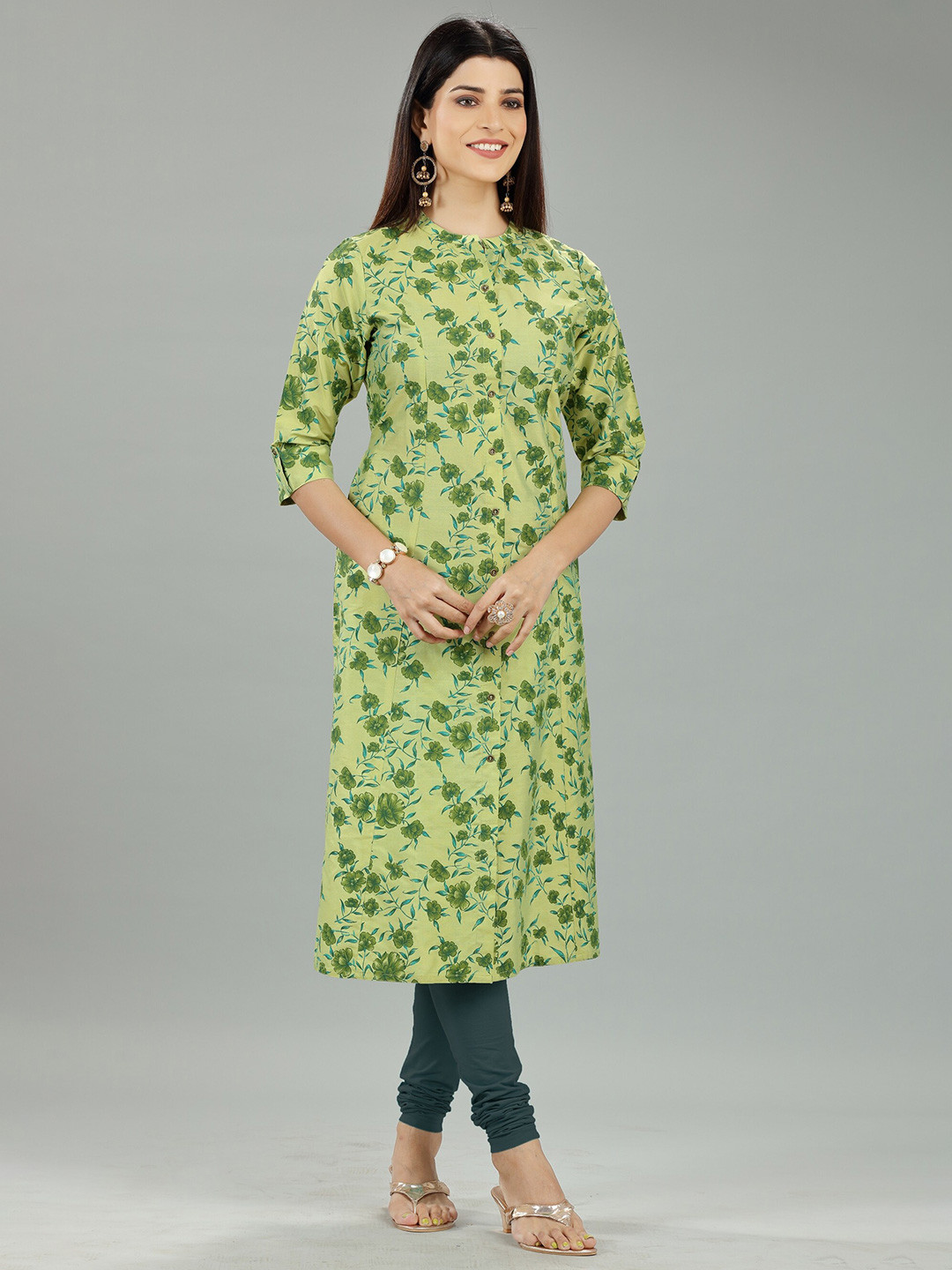 

COTTON CULTURE Floral Printed Mandarin Collar A-Line Kurta, Green