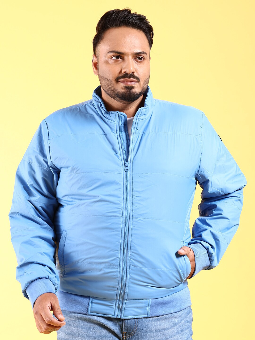 Hardsoda by The Indian Garage Co Plus Size Stand Collar Lightweight Bomber Jacket, Blue