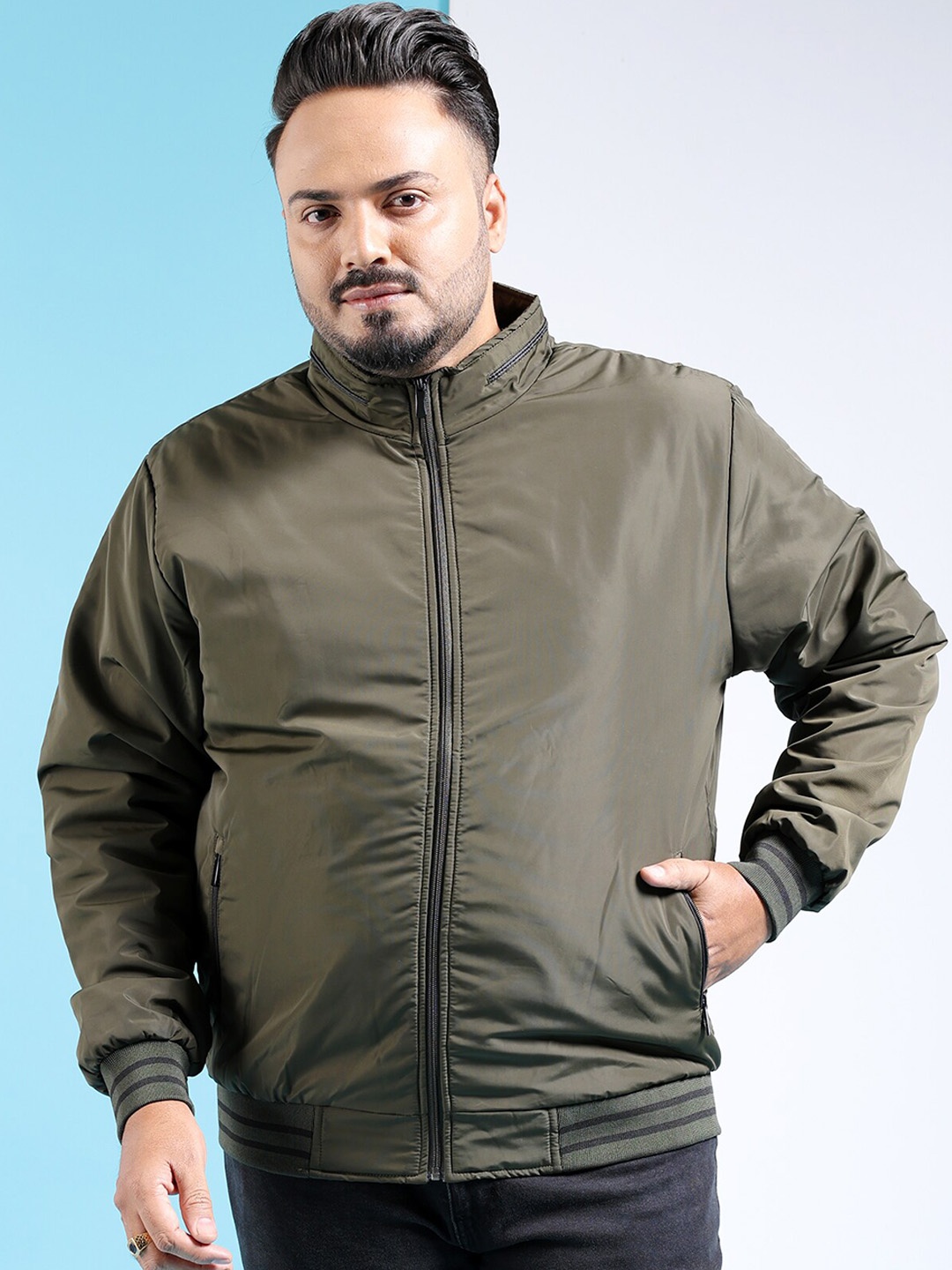 Hardsoda by The Indian Garage Co Plus Size Stand Collar Lightweight Bomber Jacket, Olive