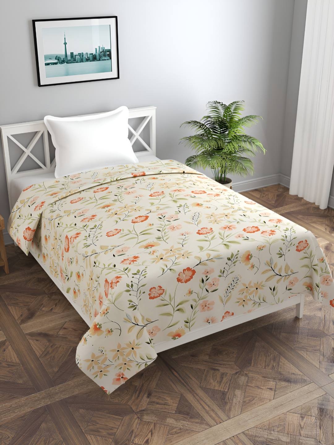 

BREVARD Off White & Orange Floral Printed Single Duvet Cover