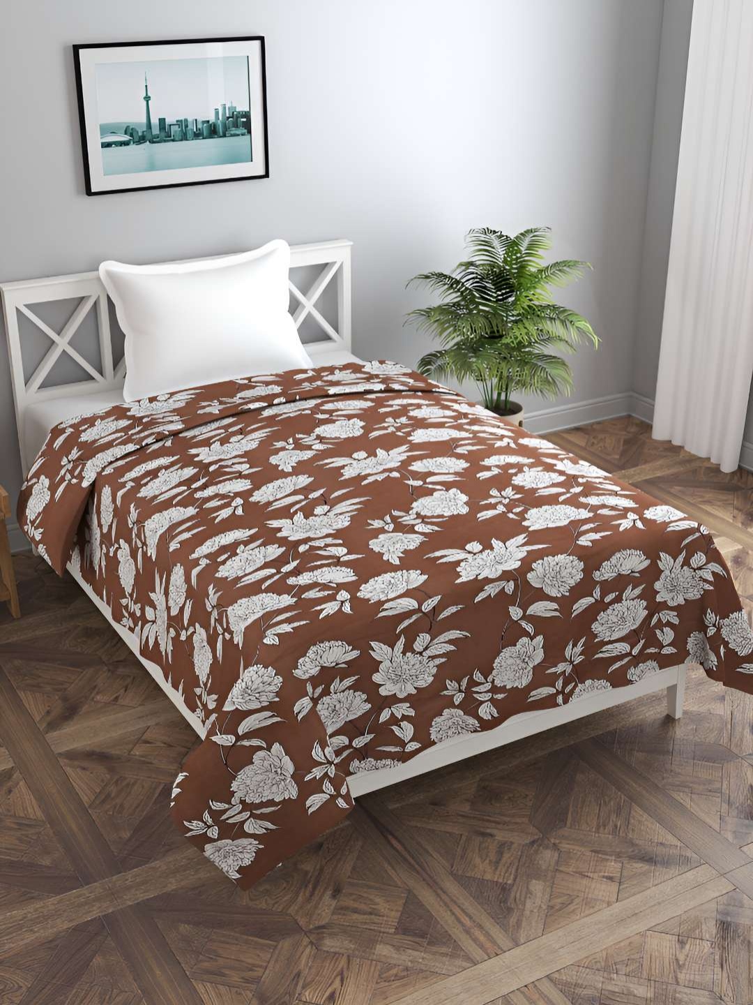 

BREVARD Coffee Brown & White Floral Printed Single Duvet Cover