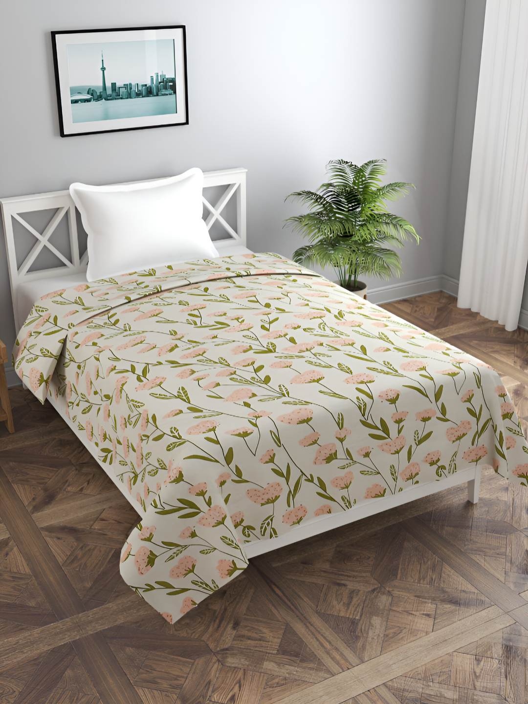 

BREVARD Off White & Green Floral Printed Single Duvet Cover