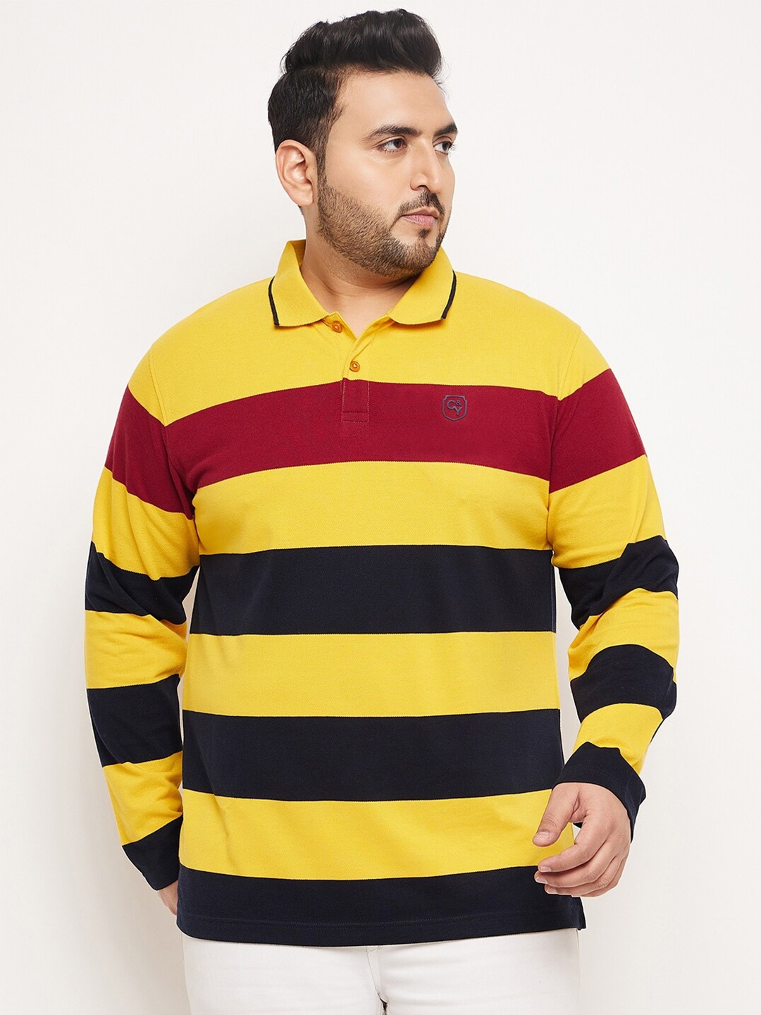 

Club York Plus Size Striped Polo Collar Cotton T-shirt, Mustard