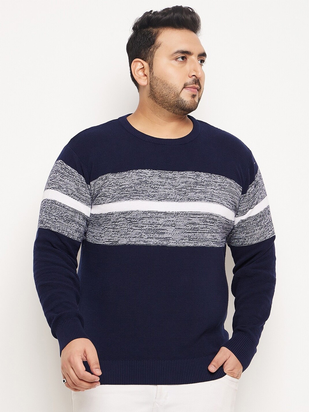 

Club York Plus Size Colourblocked Long Sleeves Acrylic Pullover Sweater, Navy blue