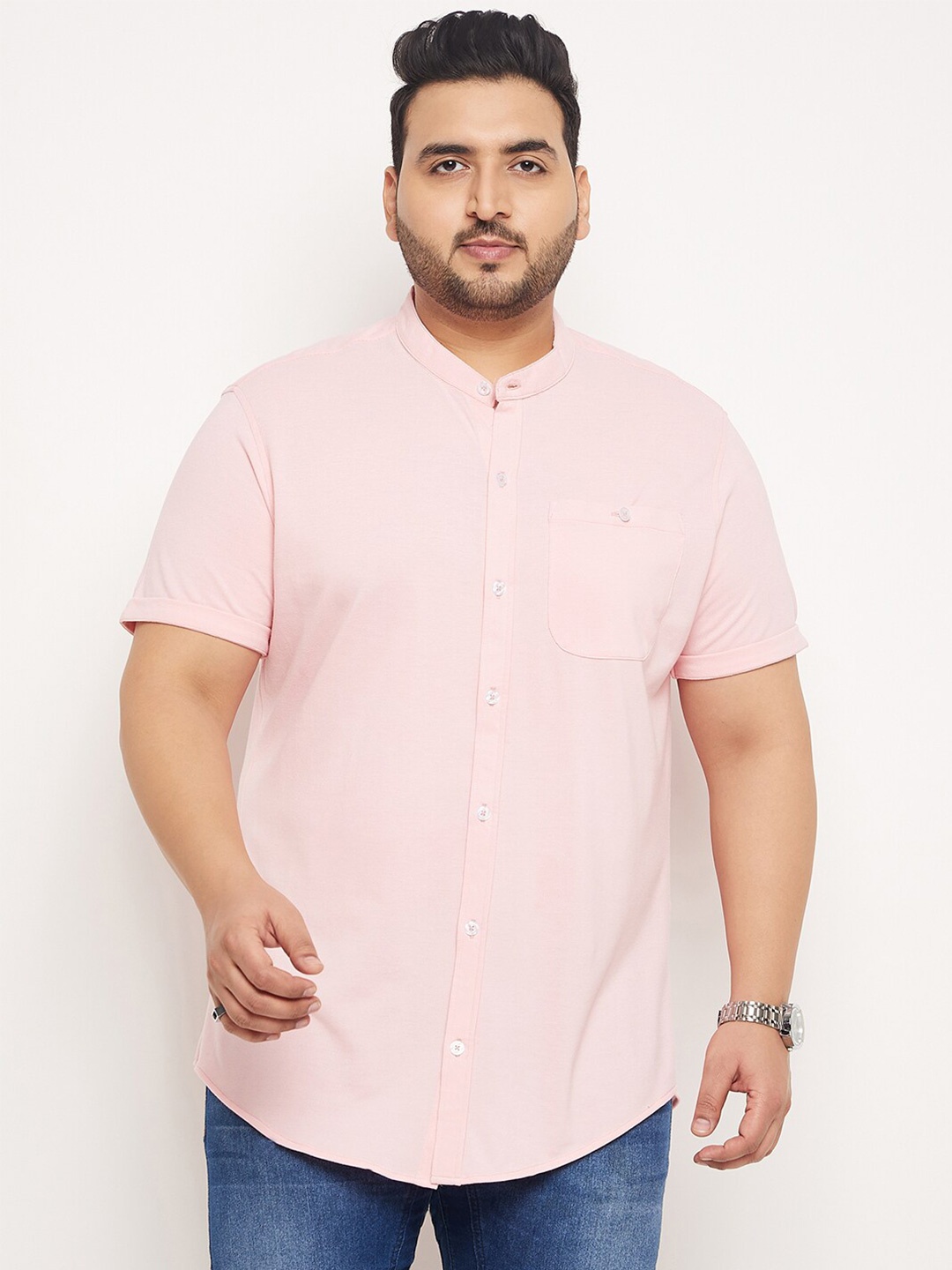 

Club York Plus Size Mandarin Collar Short Sleeves Cotton Casual Shirt, Pink