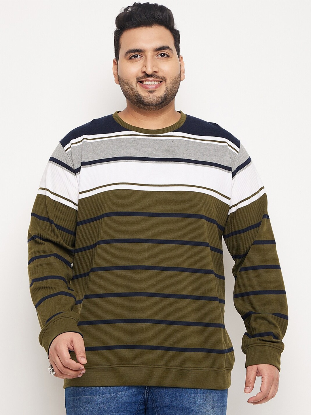 

Club York Plus Size Striped Cotton Sweatshirt, Olive