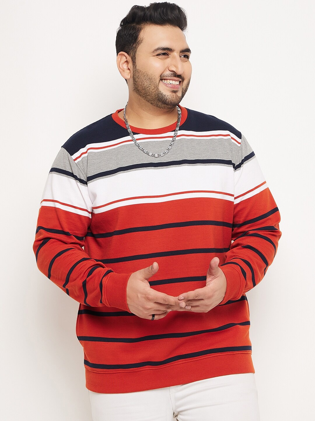 

Club York Plus Size Striped Round Neck Pullover Sweatshirt, Red