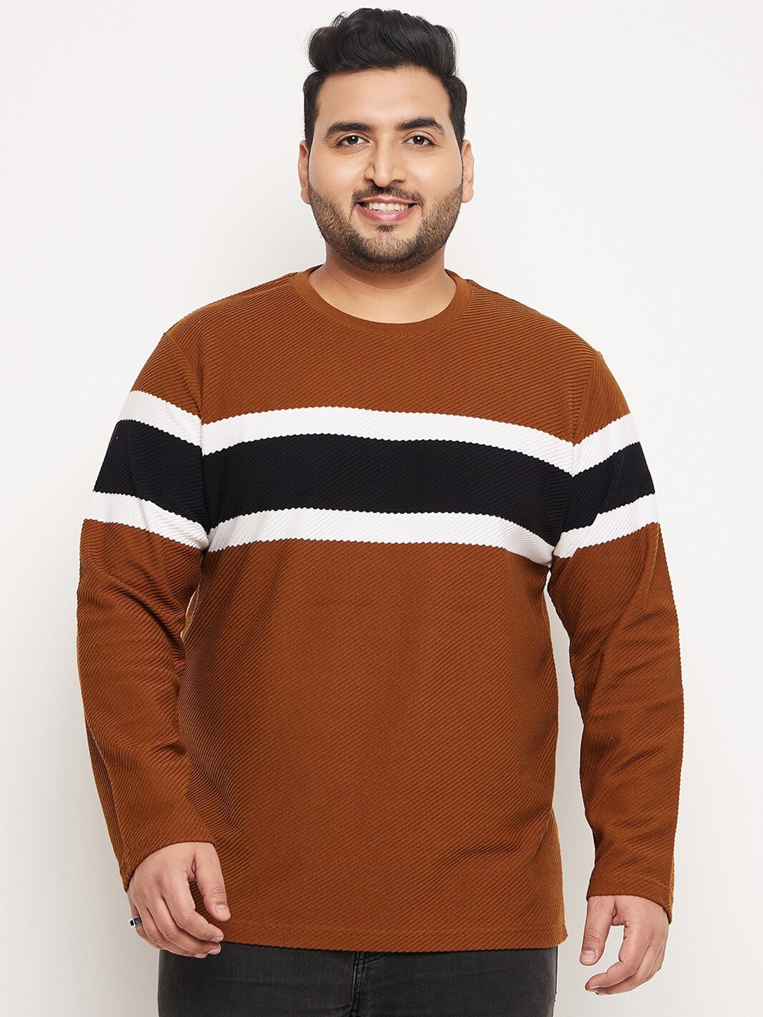 

Club York Plus Size Striped Cotton Sweatshirt, Brown