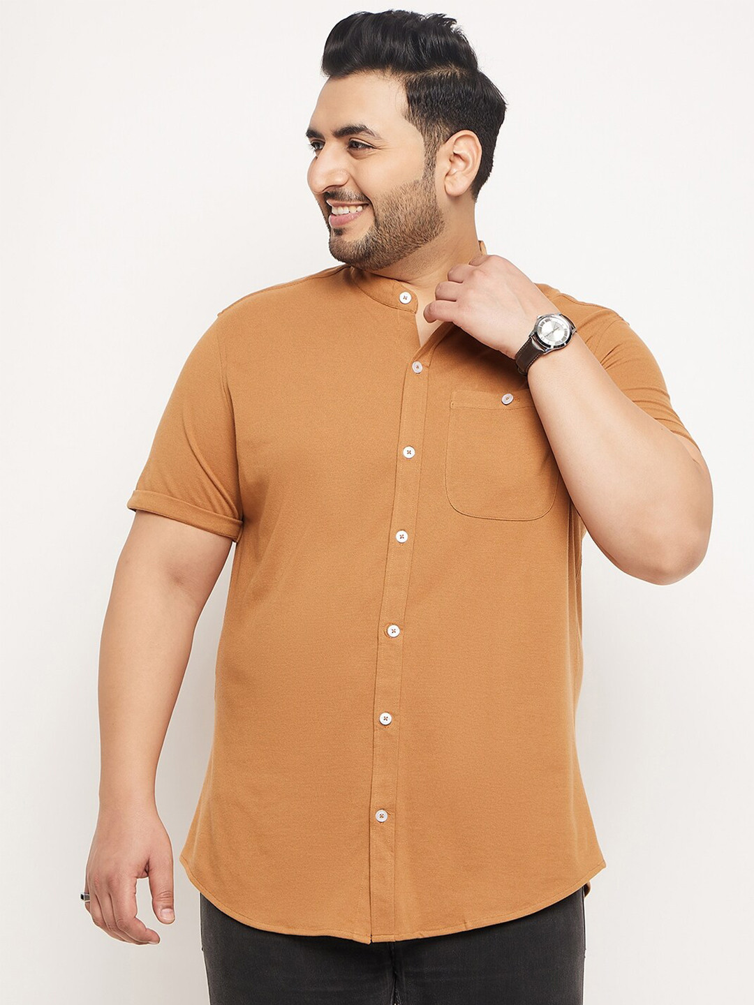 

Club York Plus Size Mandarin Collar Short Sleeves Cotton Casual Shirt, Khaki
