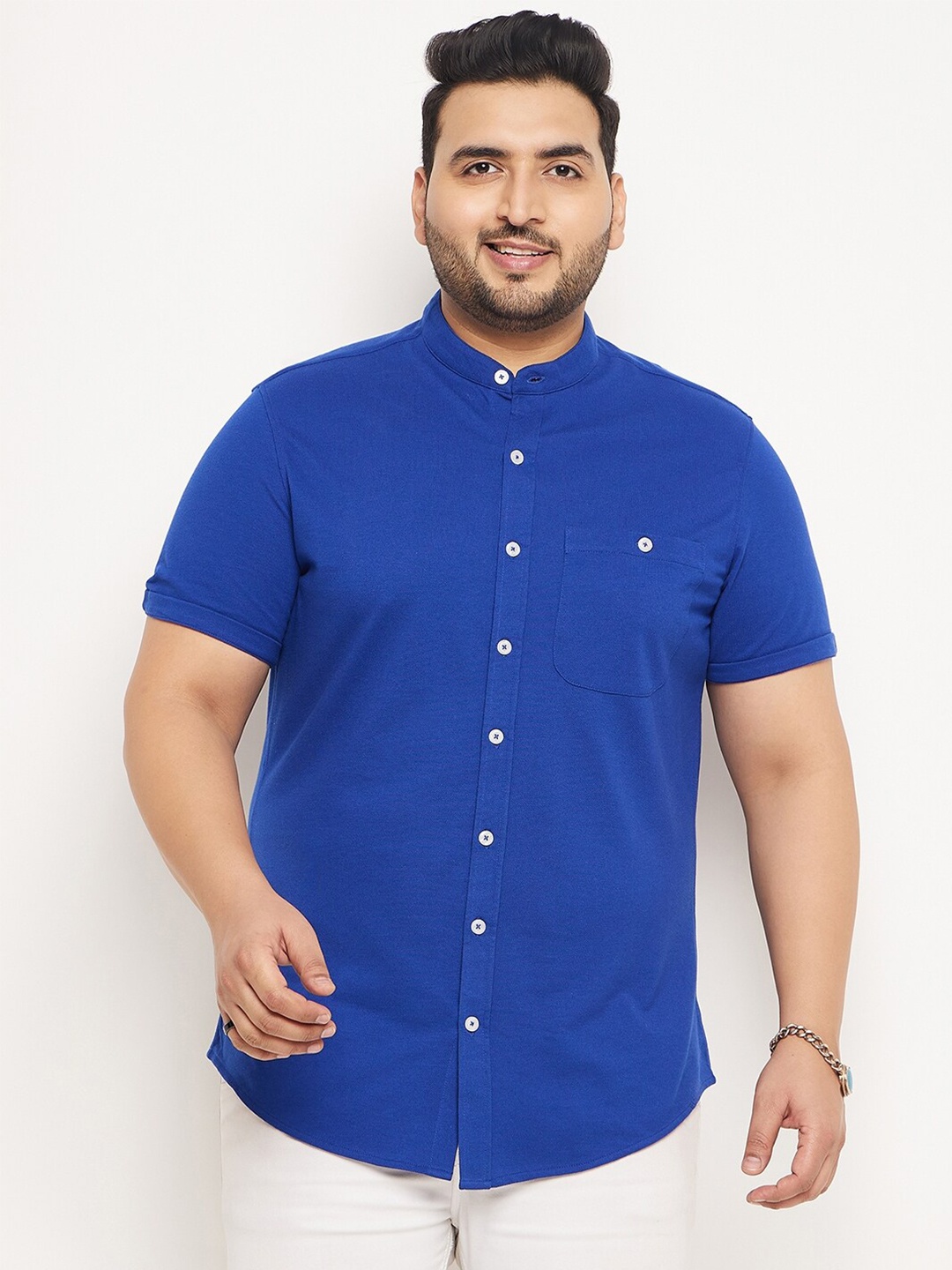 

Club York Plus Size Mandarin Collar Short Sleeves Cotton Casual Shirt, Blue