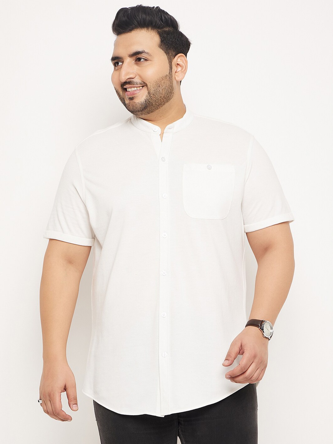 

Club York Plus Size Mandarin Collar Short Sleeves Cotton Casual Shirt, Off white