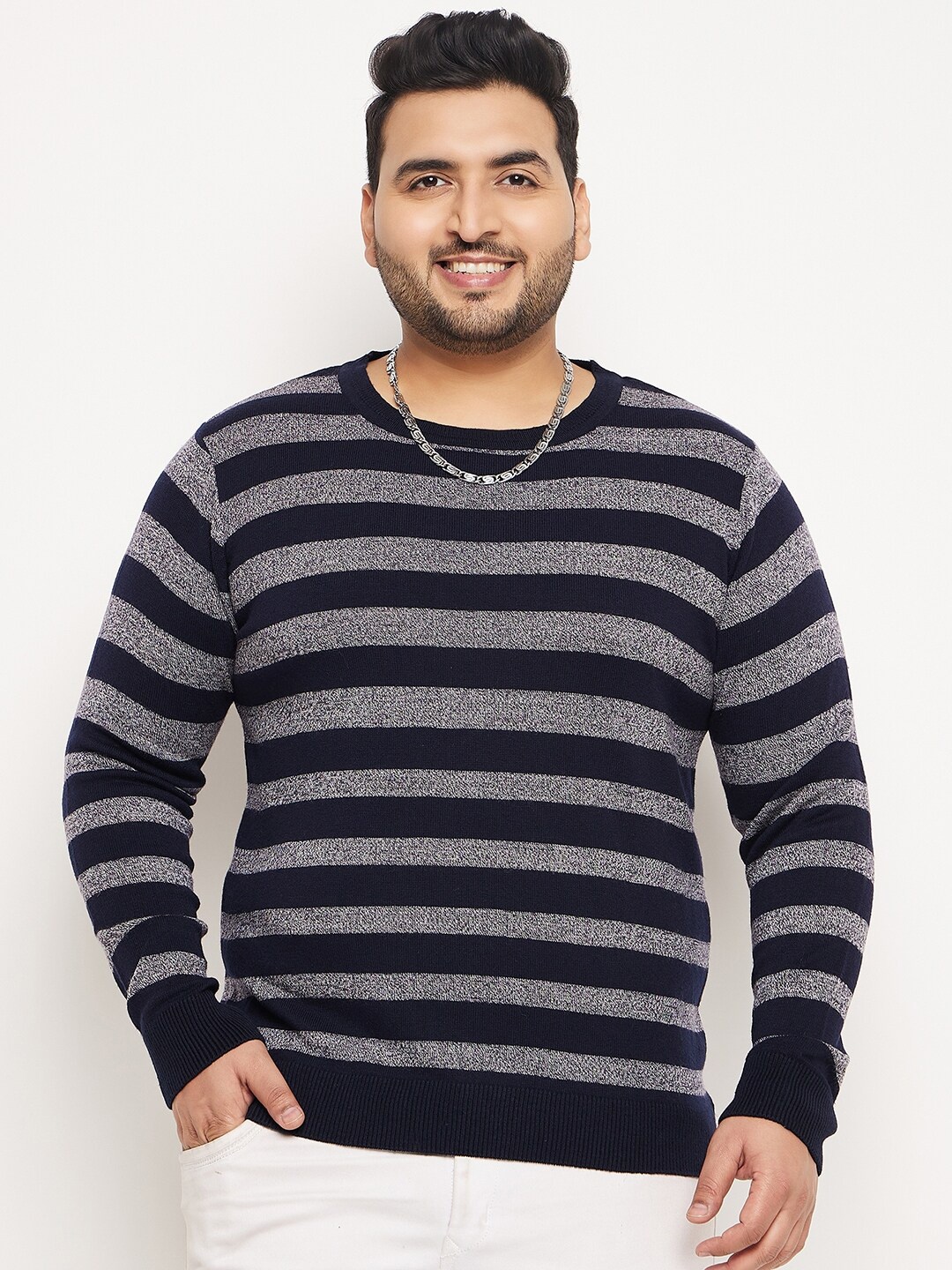 

Club York Striped Round Neck Acrylic Pullover, Navy blue