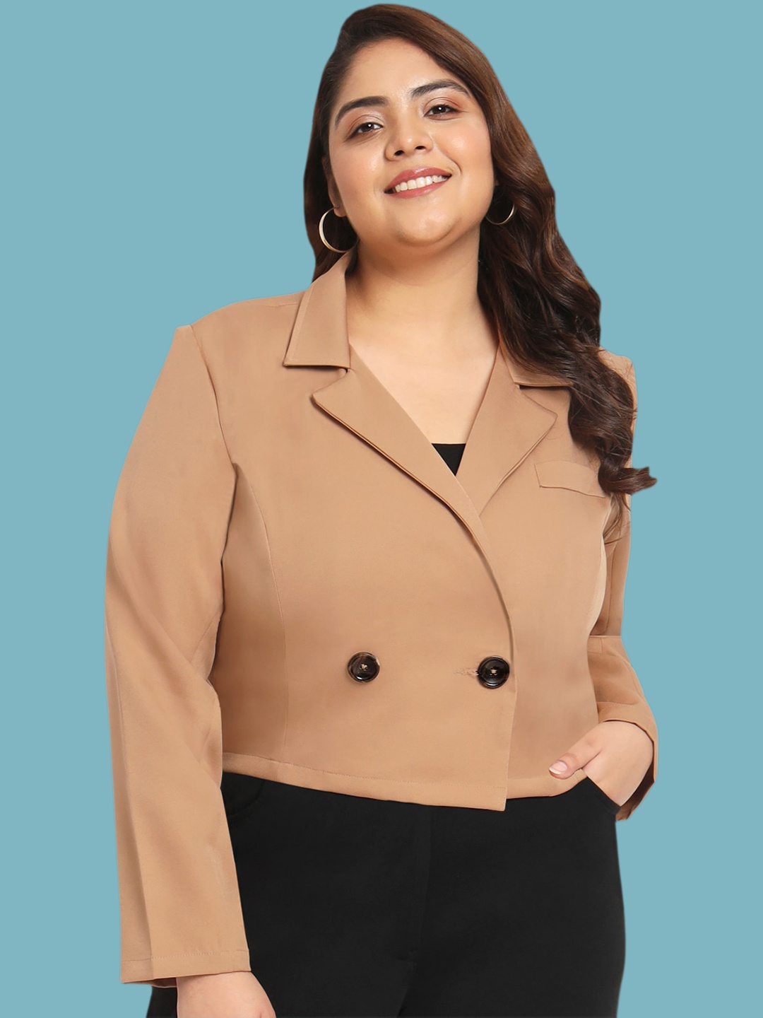 

wild U Plus Size Tailored Fit Double Breasted Crop Formal Blazer, Beige