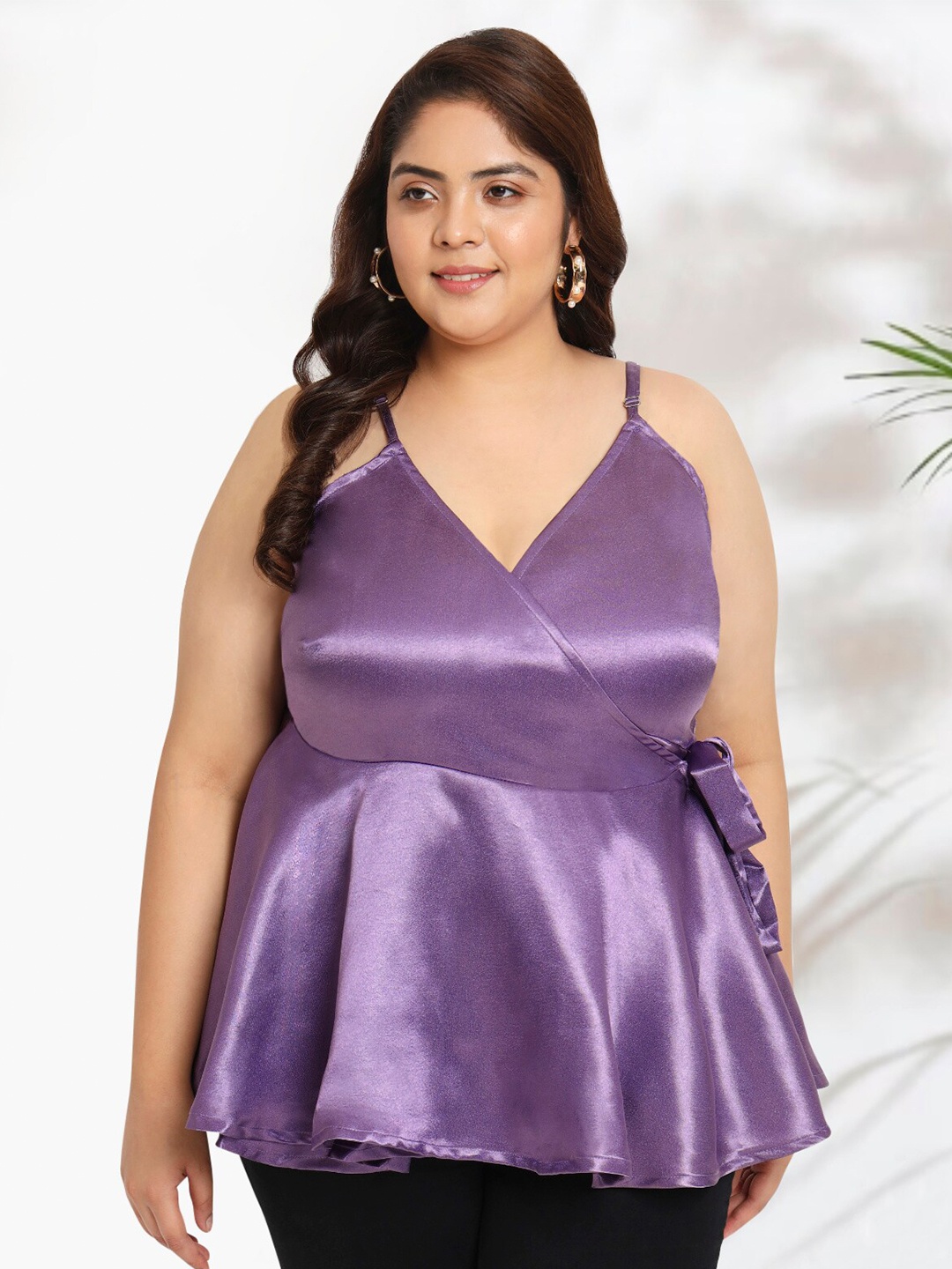 

wild U Plus Size Shoulder Straps Satin Wrap Top, Purple