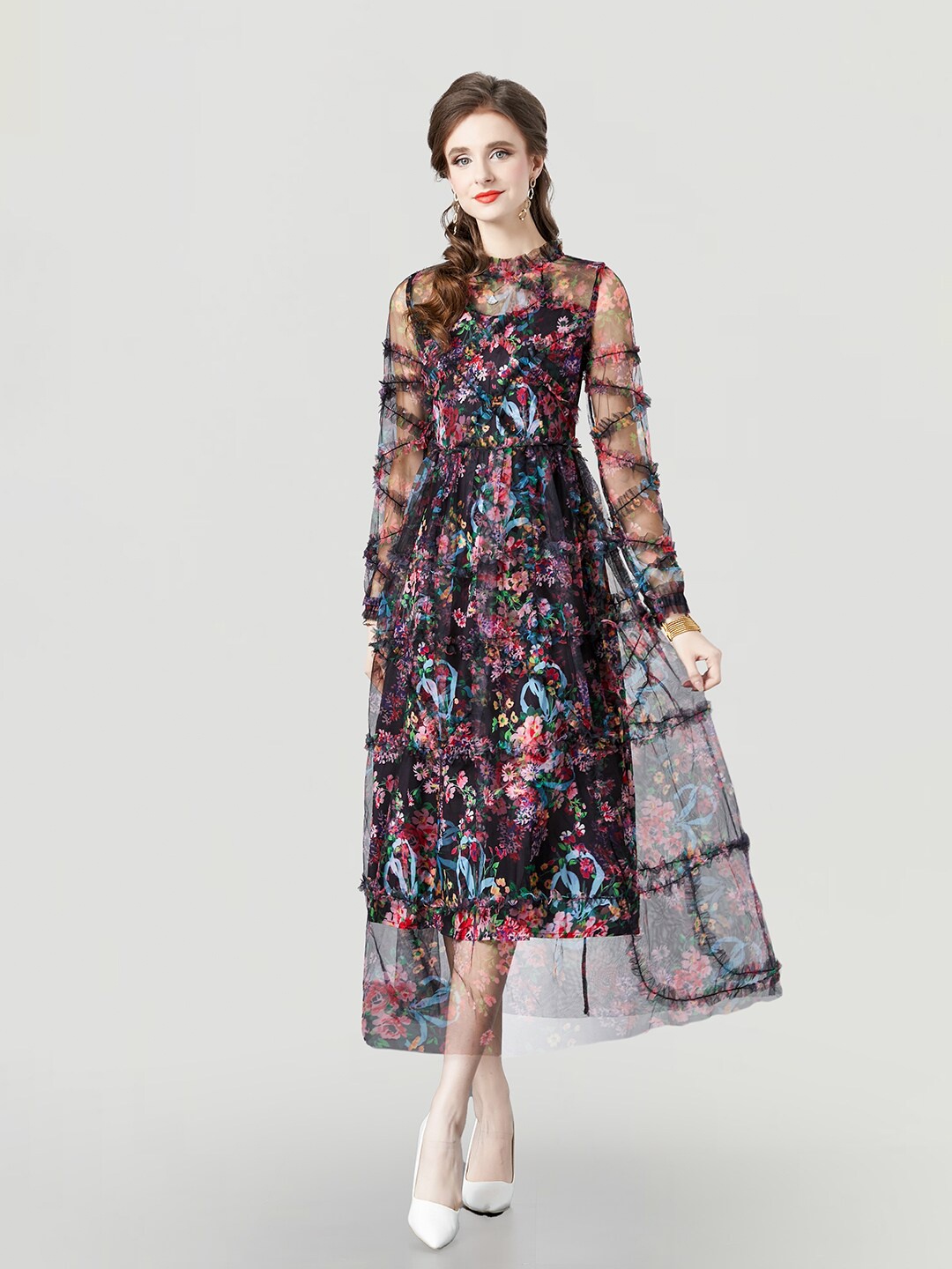 

JC Collection Floral Printed Ruffles High Neck Fit & Flare Midi Dress, Black