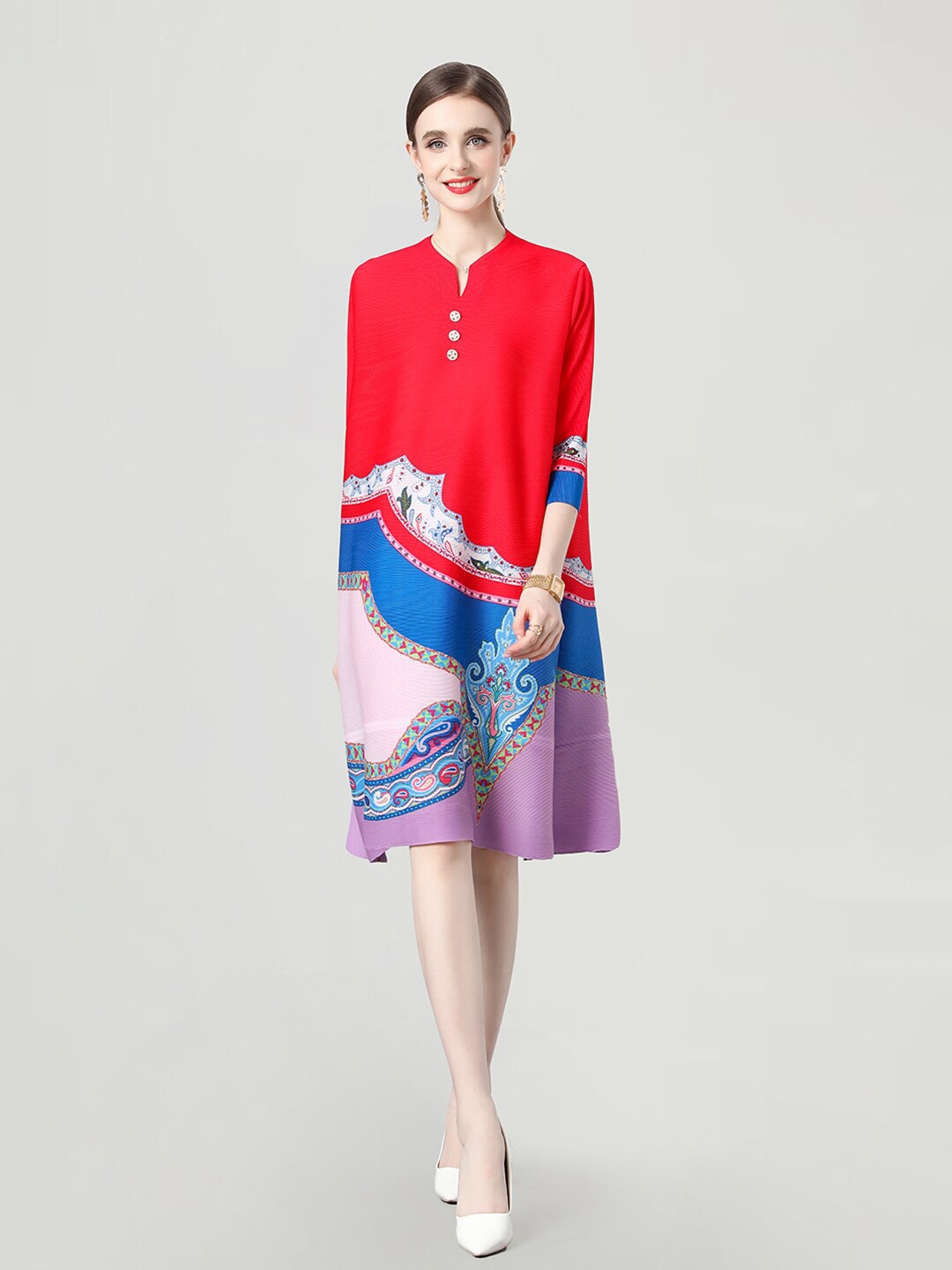 

JC Collection Ethnic Motifs Printed Mandarin Collar A-Line Dress, Red