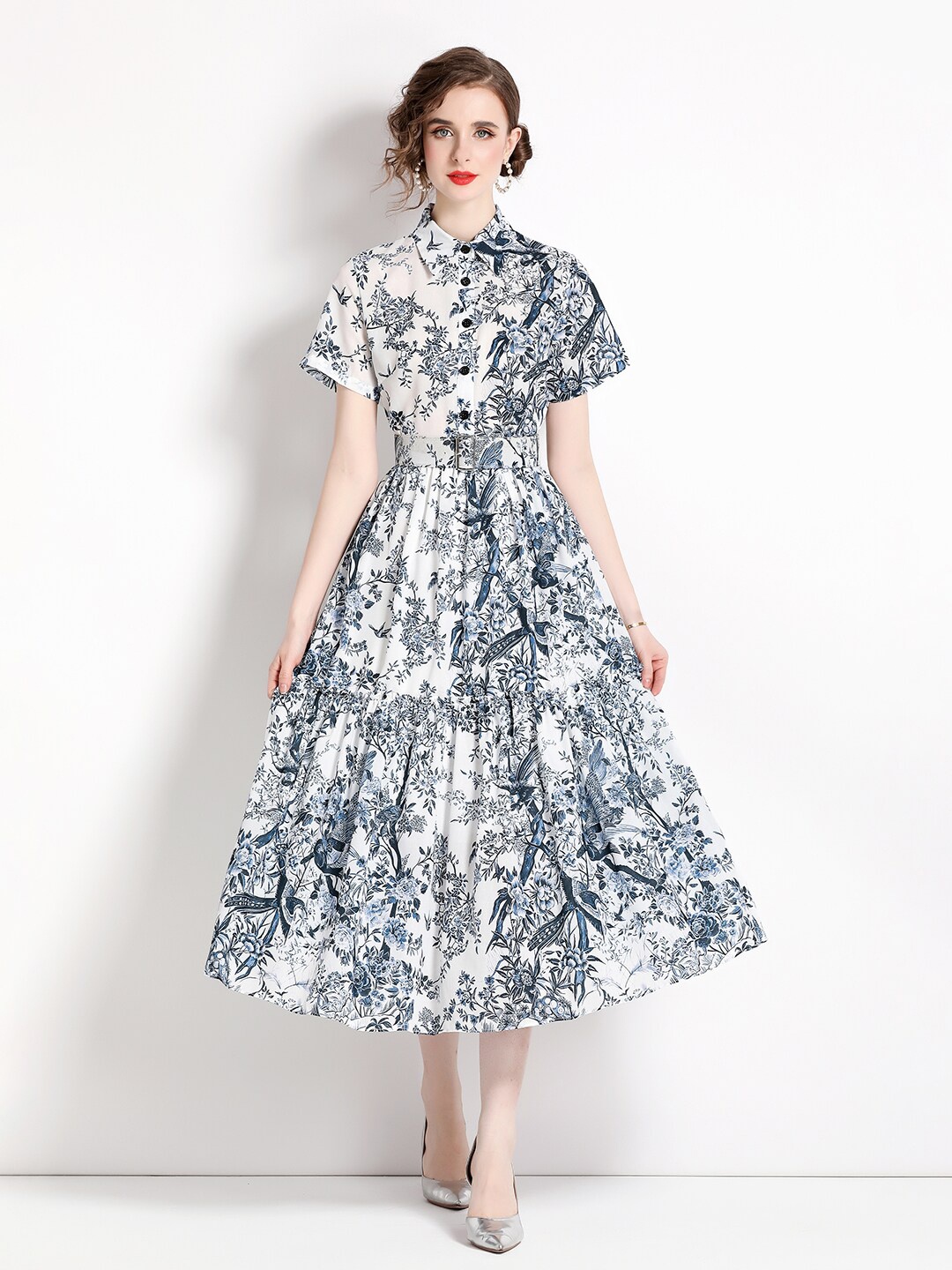 

JC Collection Floral Printed Shirt Collar Belted Fit & Flare Midi Dress, White