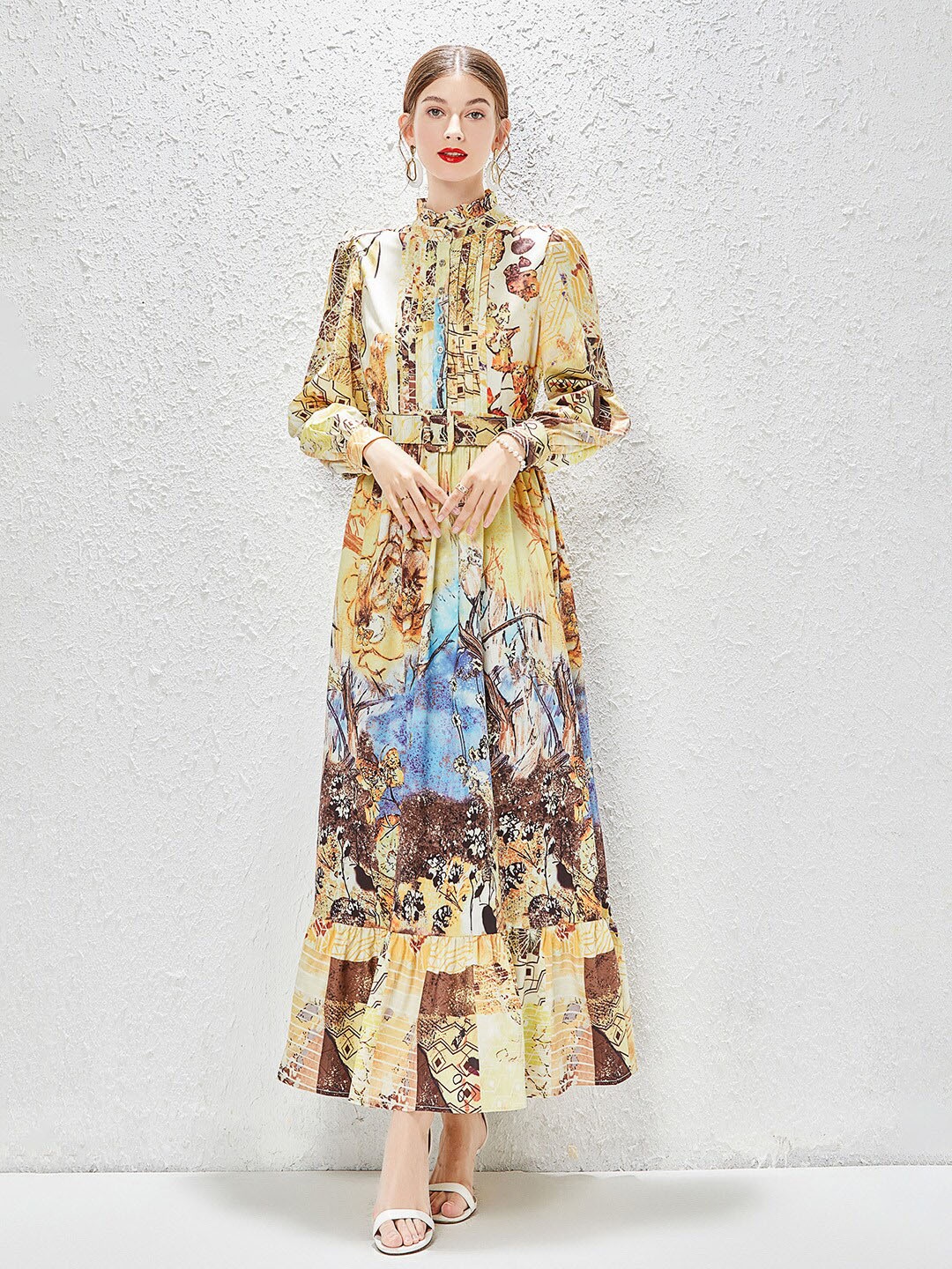 

JC Collection Floral Printed High Neck Cuff Sleeves Maxi Dress, Yellow