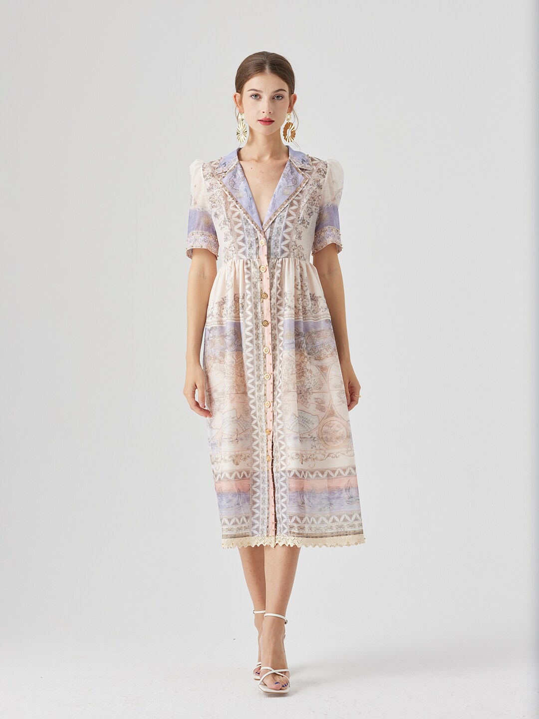 

JC Collection Ethnic Motifs Printed Lapel Collar Gathered Detailed Fit & Flare Midi Dress, Beige