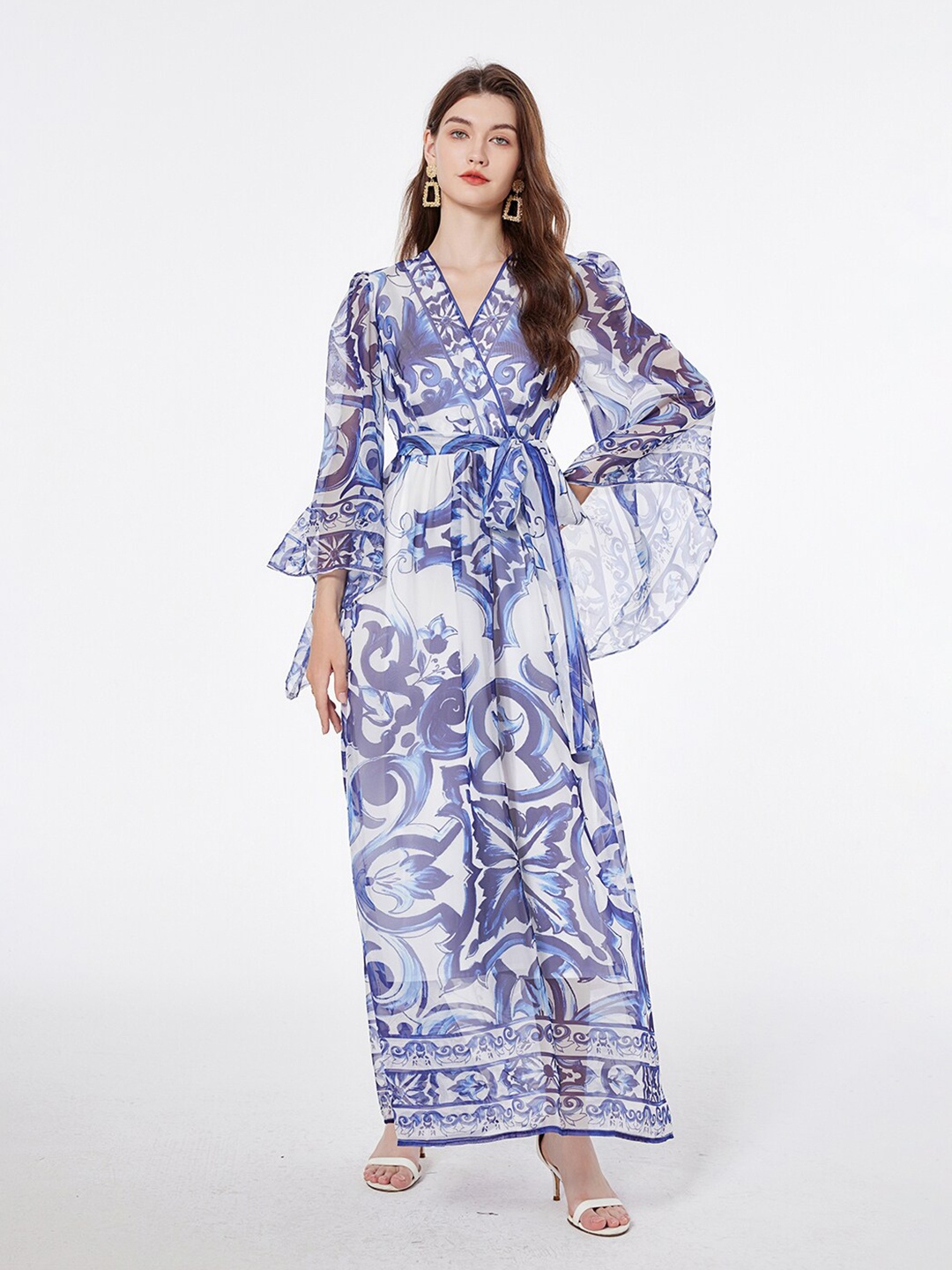 

JC Collection Ethnic Motifs Printed Flared Sleeve Maxi Dress, Blue
