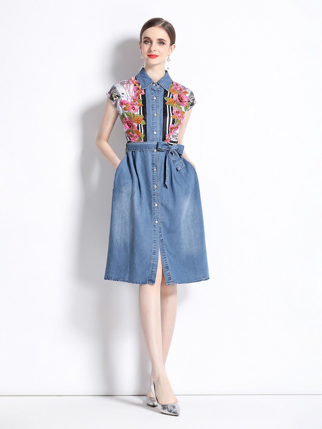 

JC Collection Floral Printed Extended Sleeves Belted Shirt Dress, Blue