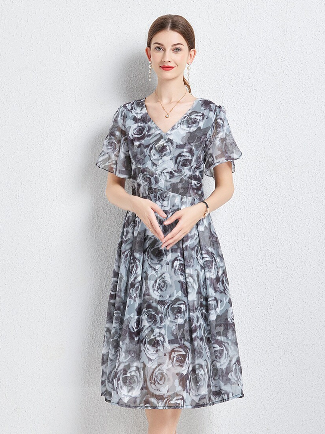 

JC Collection Floral Printed V-Neck Flared Sleeves A-Line Midi Dress, Grey