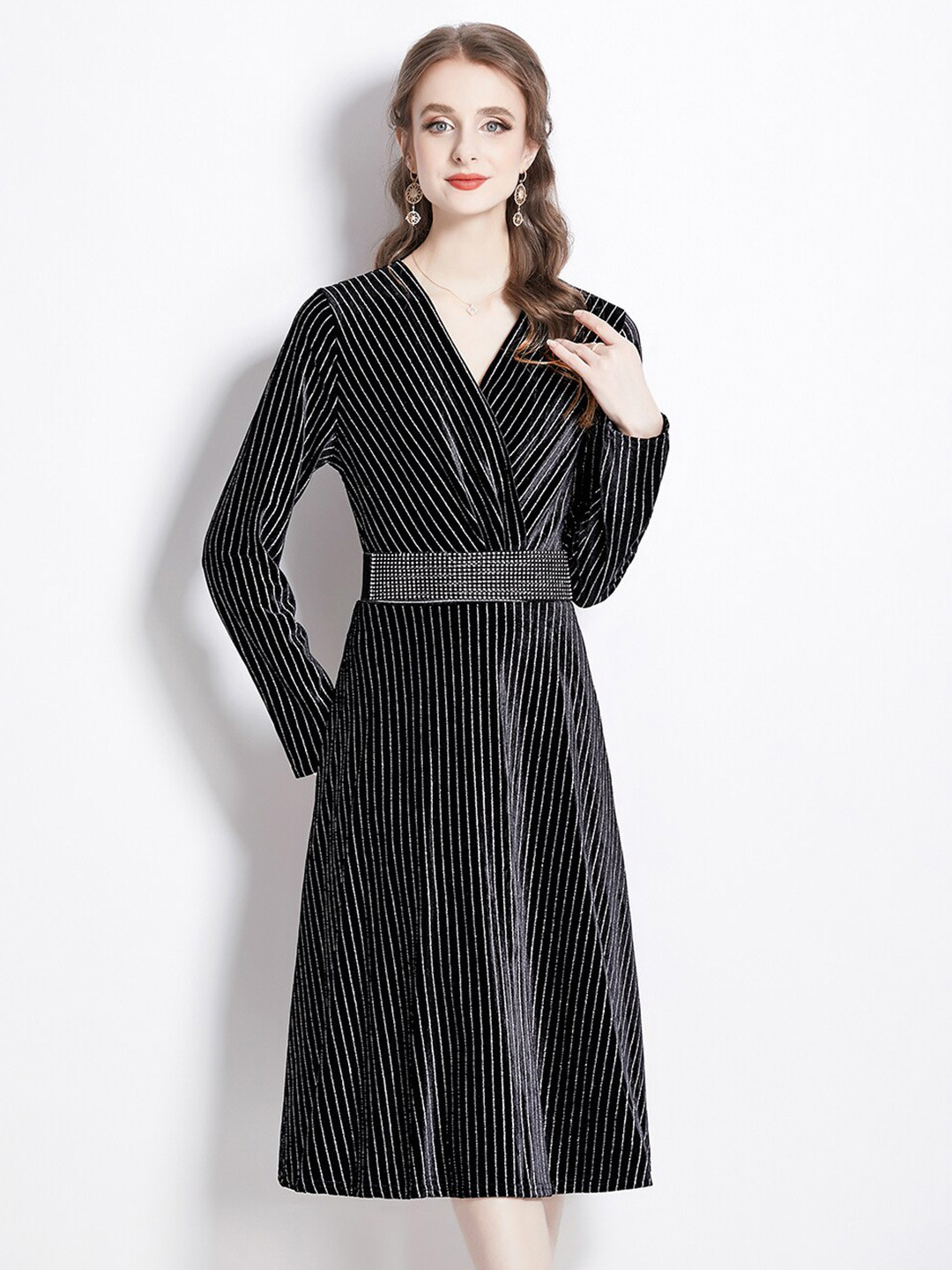 

JC Collection Striped Belt Detailed V-Neck A-Line Midi Dress, Black