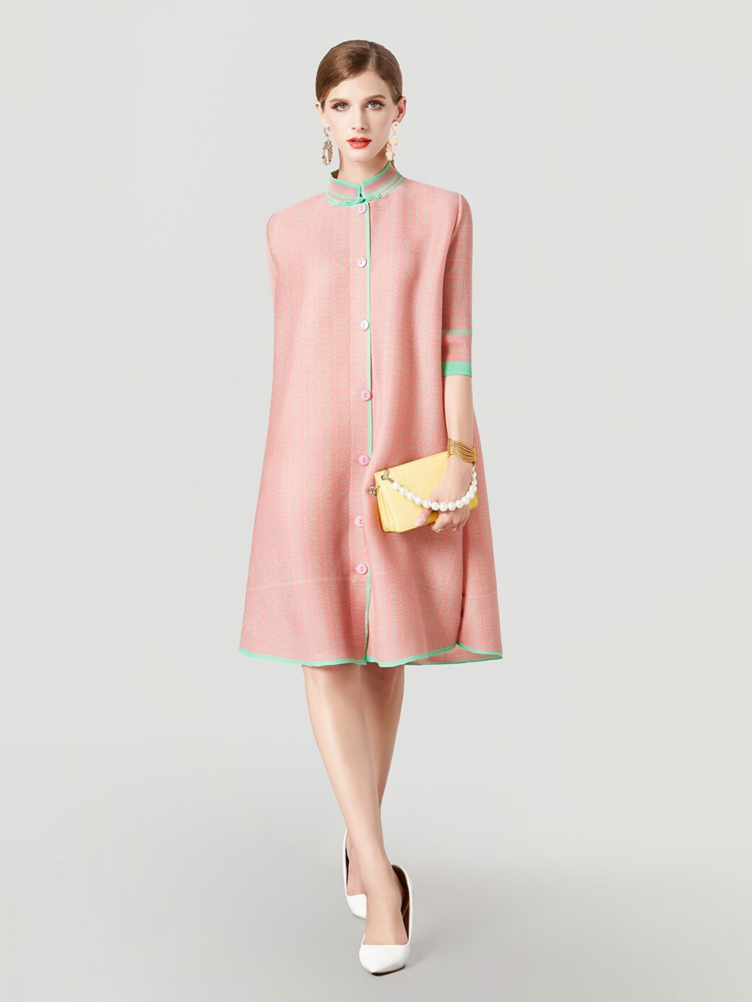 

JC Collection Geometric Printed Mandarin Collar Shirt Dress, Pink